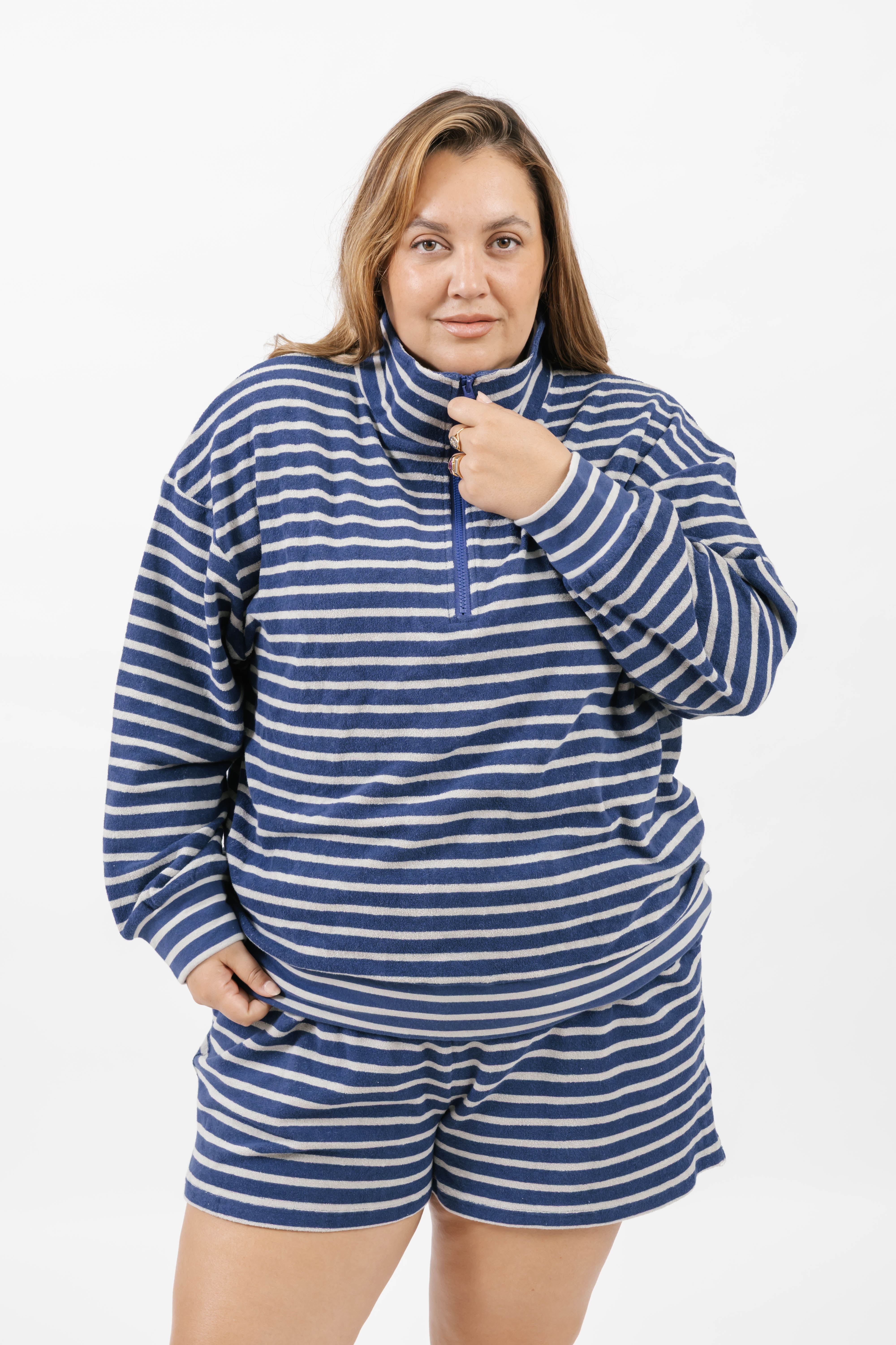 Kaitlyn Terry 1/4 Zip Top in Grey/Navy Stripe