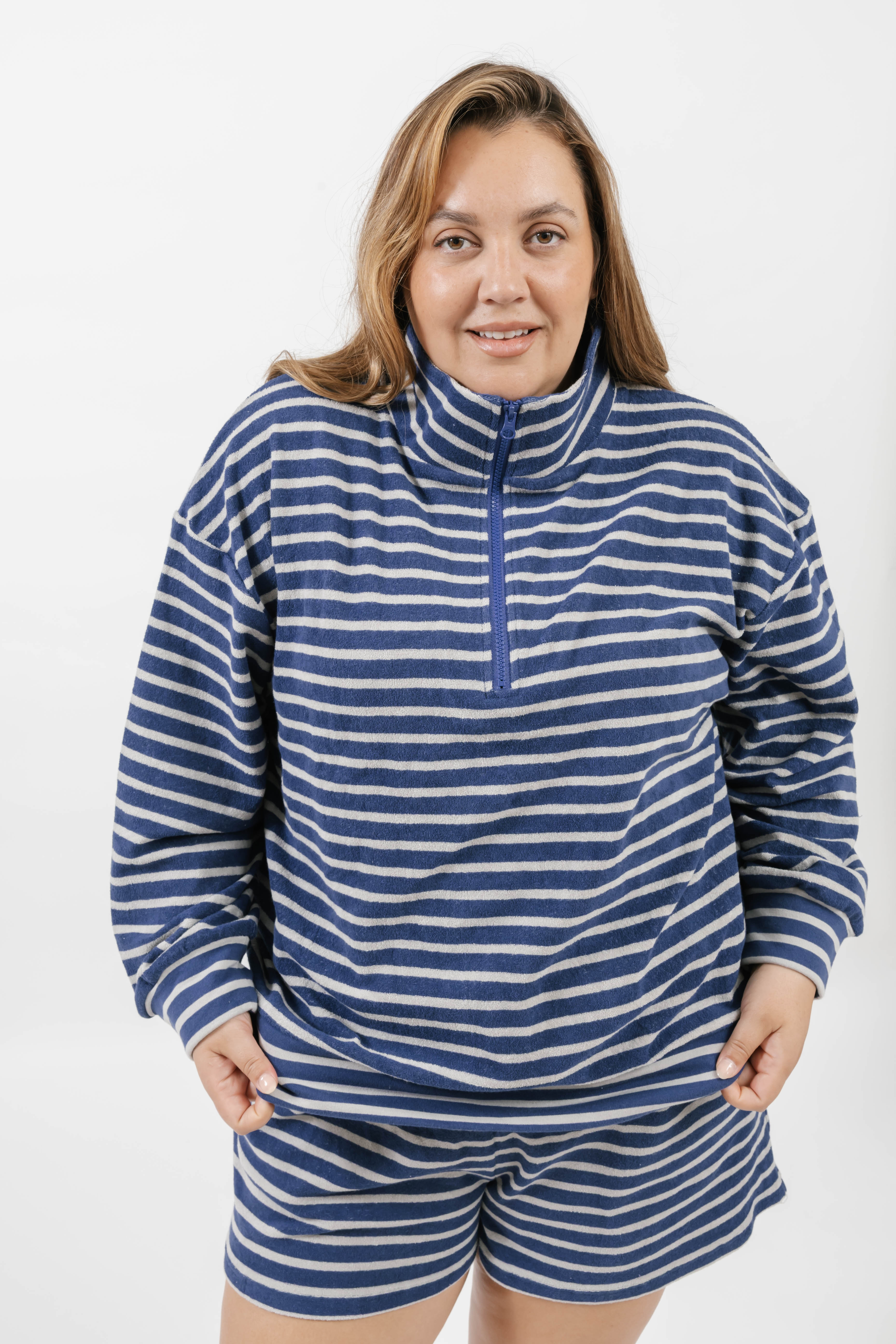 Kaitlyn Terry 1/4 Zip Top in Grey/Navy Stripe