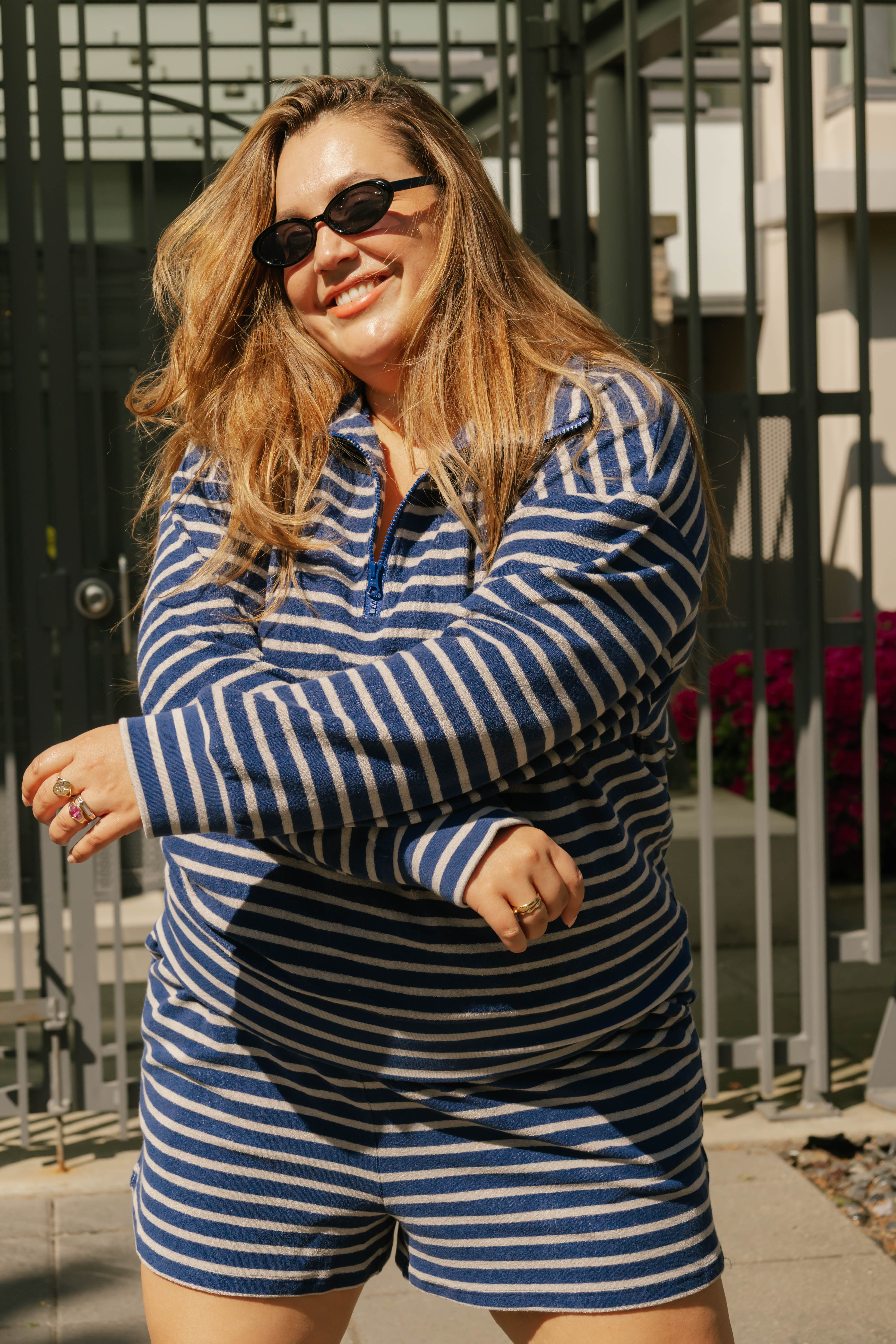 Kaitlyn Terry 1/4 Zip Top in Grey/Navy Stripe
