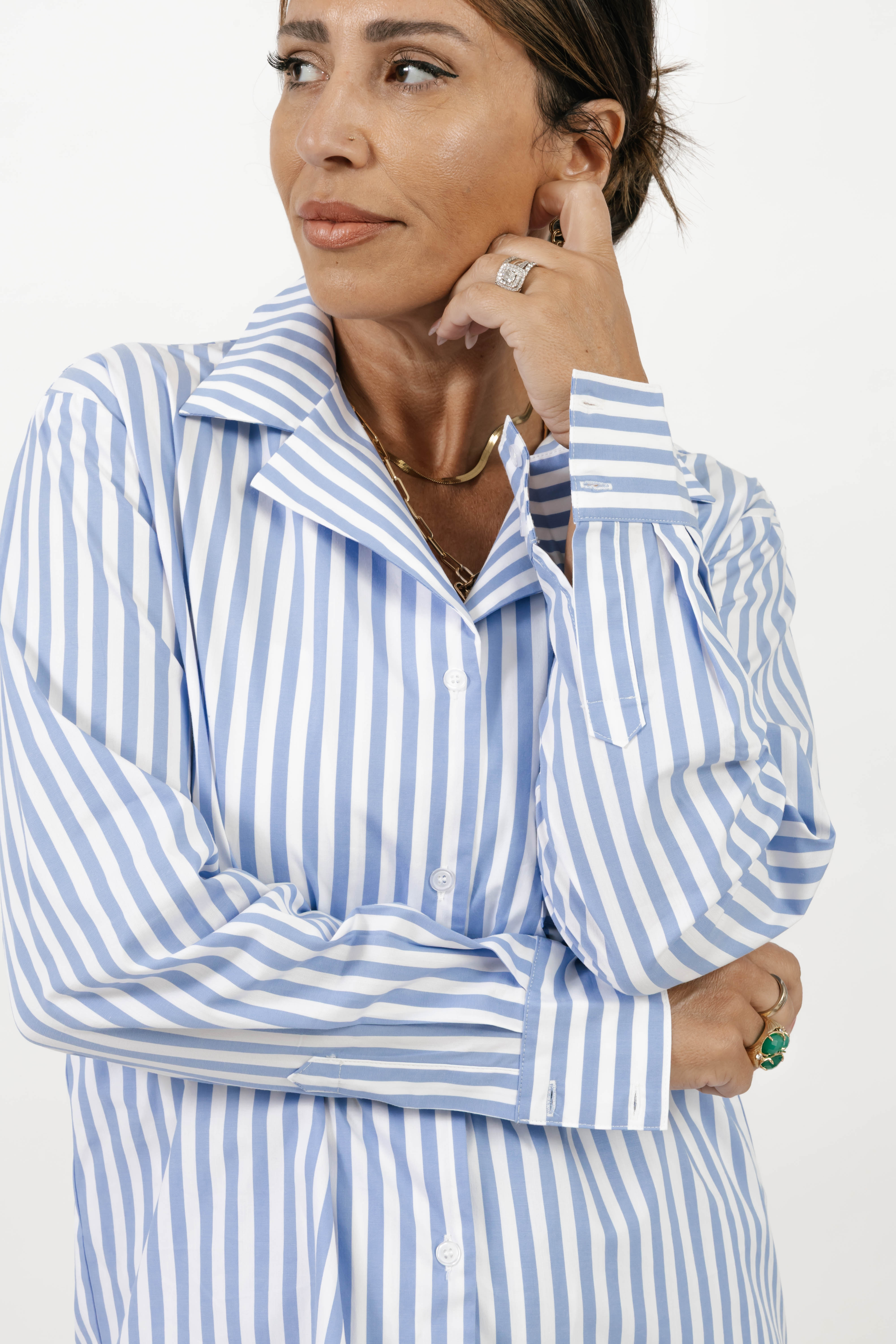 Kaitlyn Cotton Button Down Shirt in Faded Blue Stripe