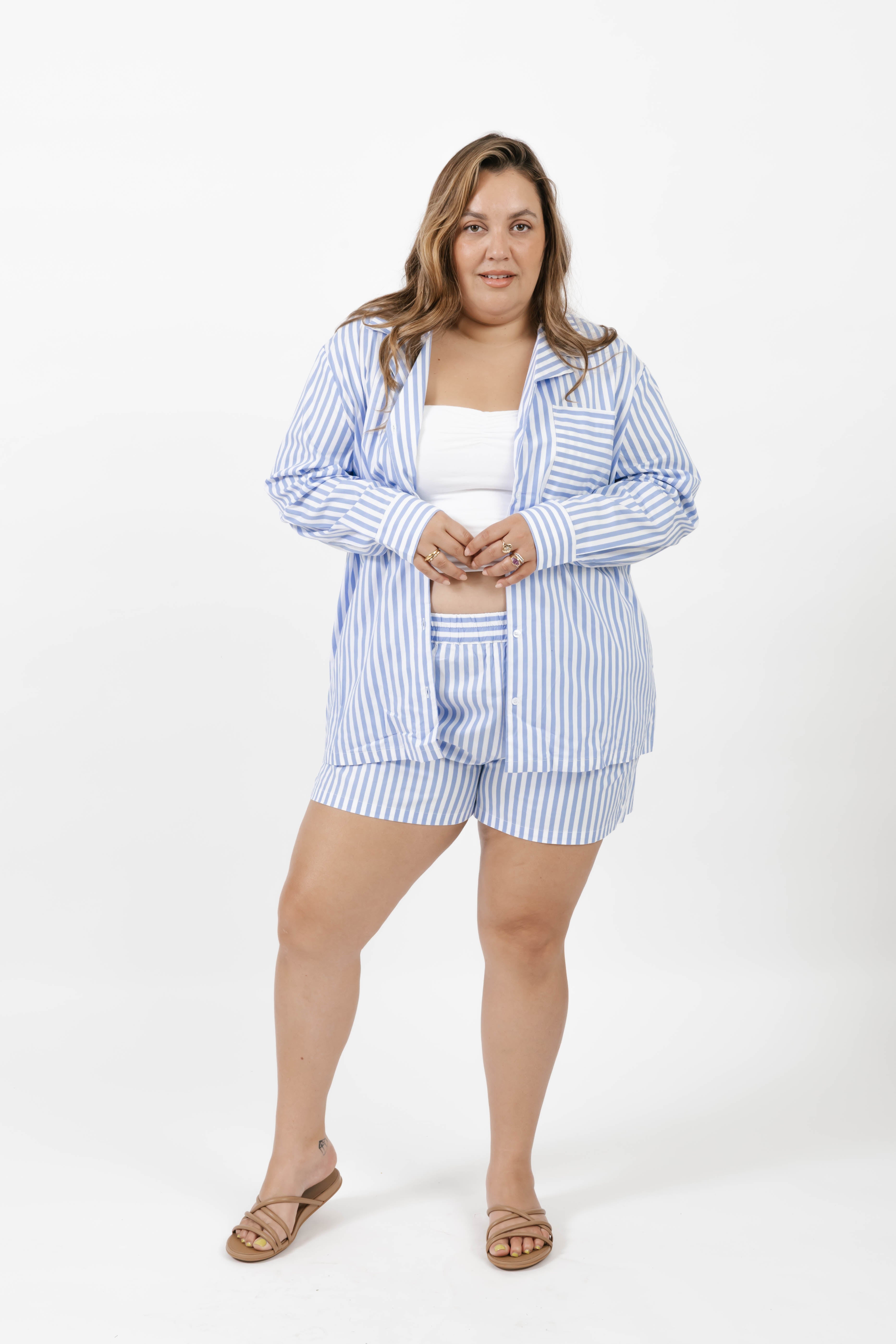 Kaitlyn Cotton Button Down Shirt in Faded Blue Stripe