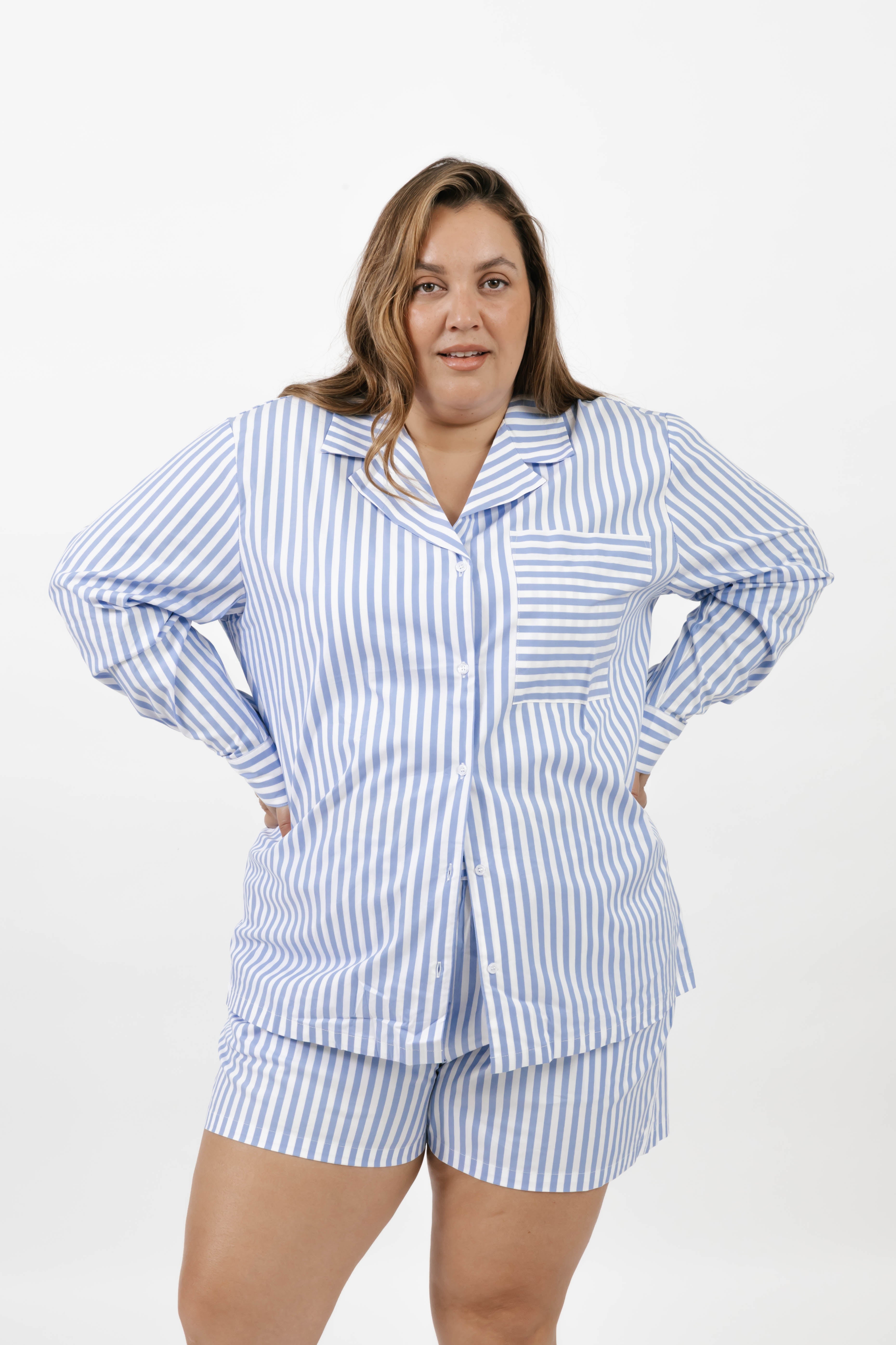 Kaitlyn Cotton Button Down Shirt in Faded Blue Stripe
