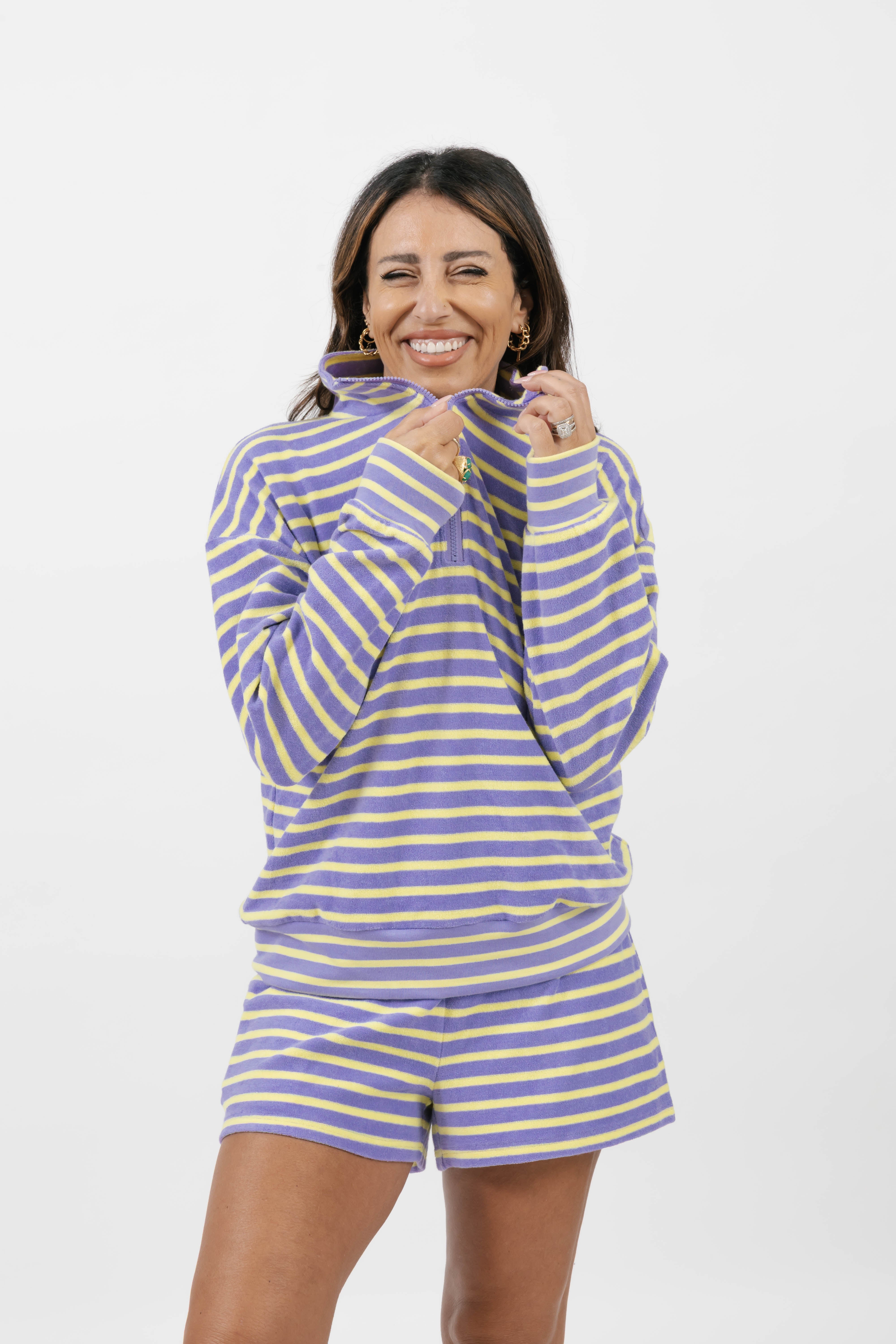 Kaitlyn Terry 1/4 Zip Top in Lilac/Sunshine Stripe