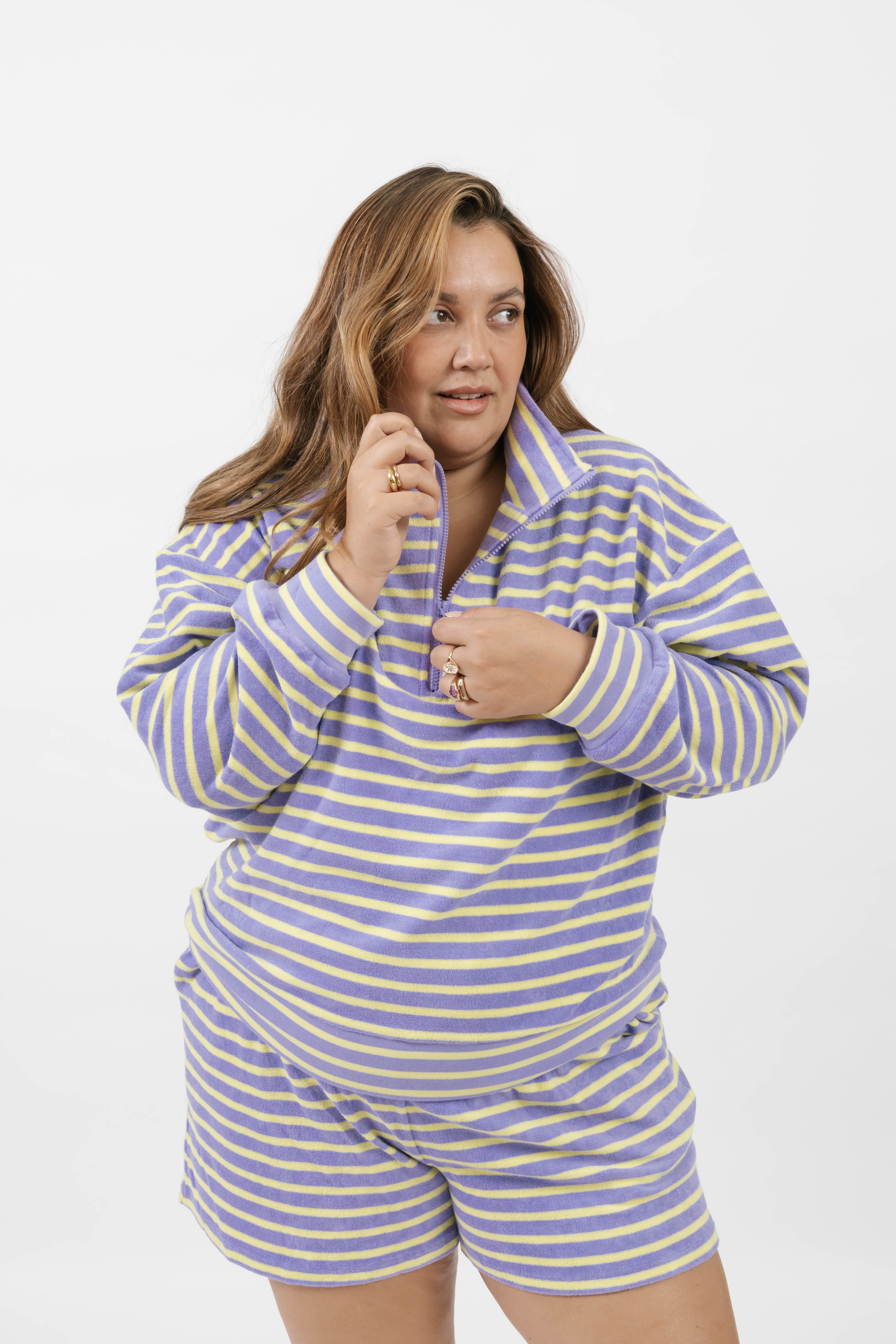 Kaitlyn Terry 1/4 Zip Top in Lilac/Sunshine Stripe