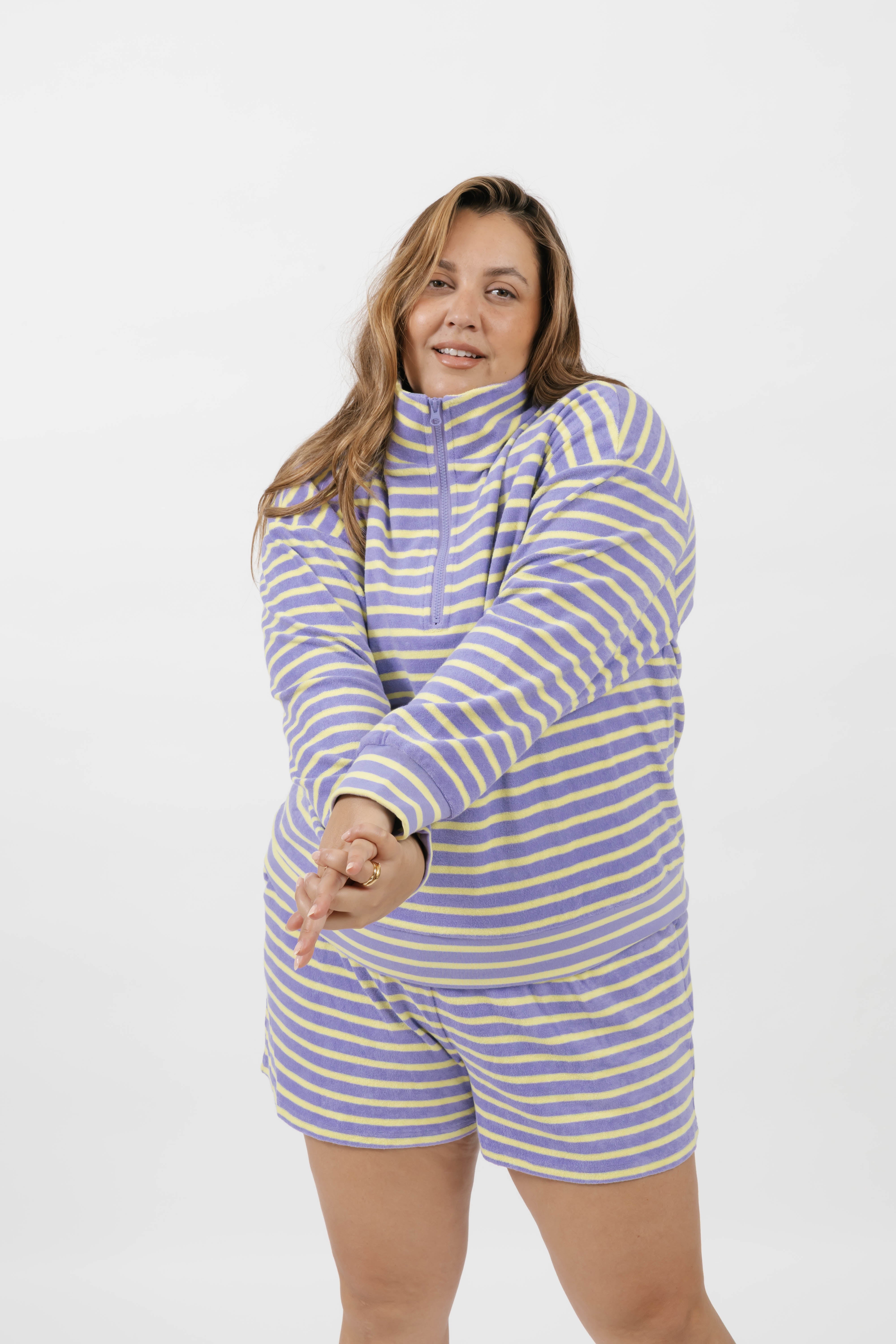 Kaitlyn Terry 1/4 Zip Top in Lilac/Sunshine Stripe