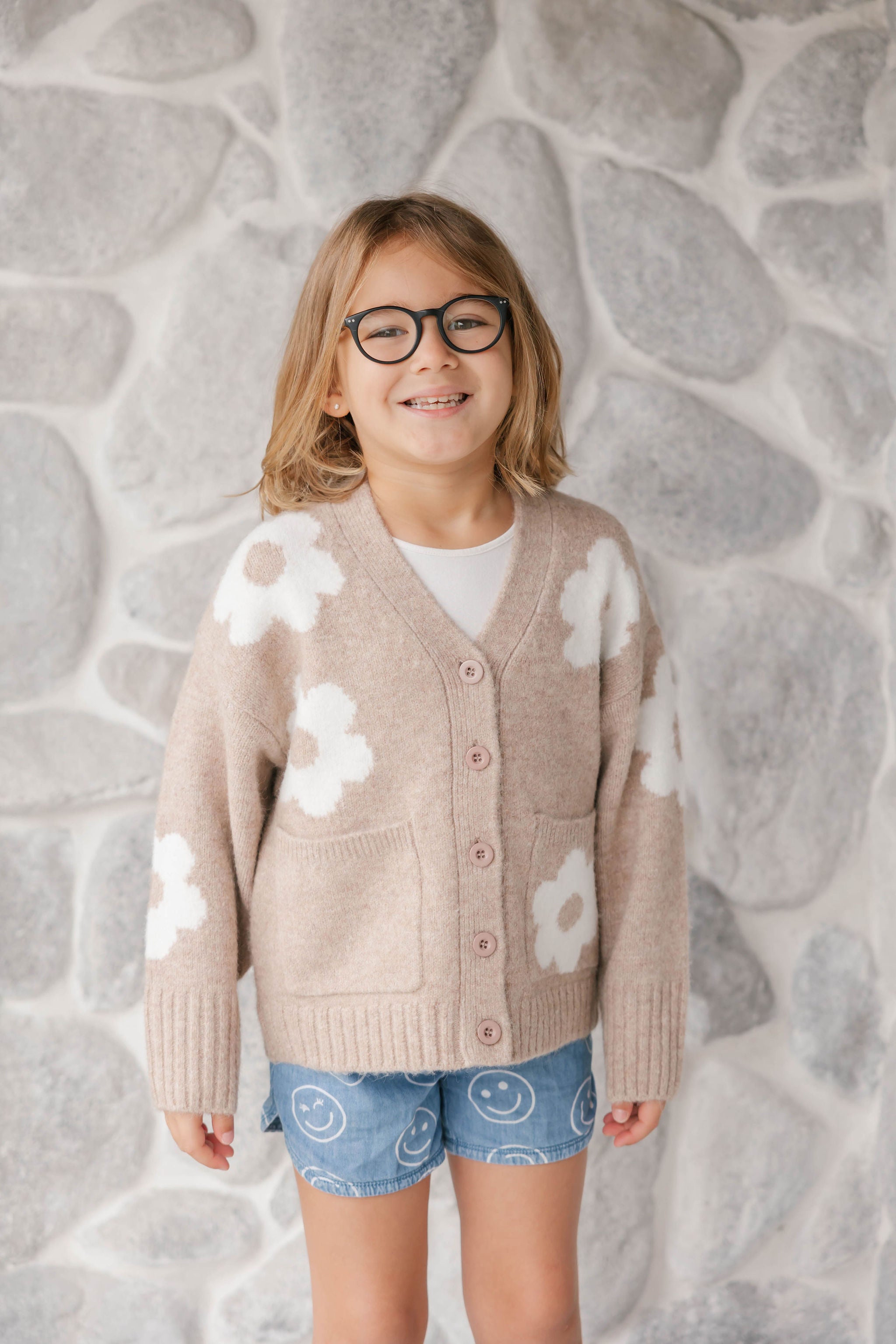 Kids Flora Cardigan in Light Brown Combo