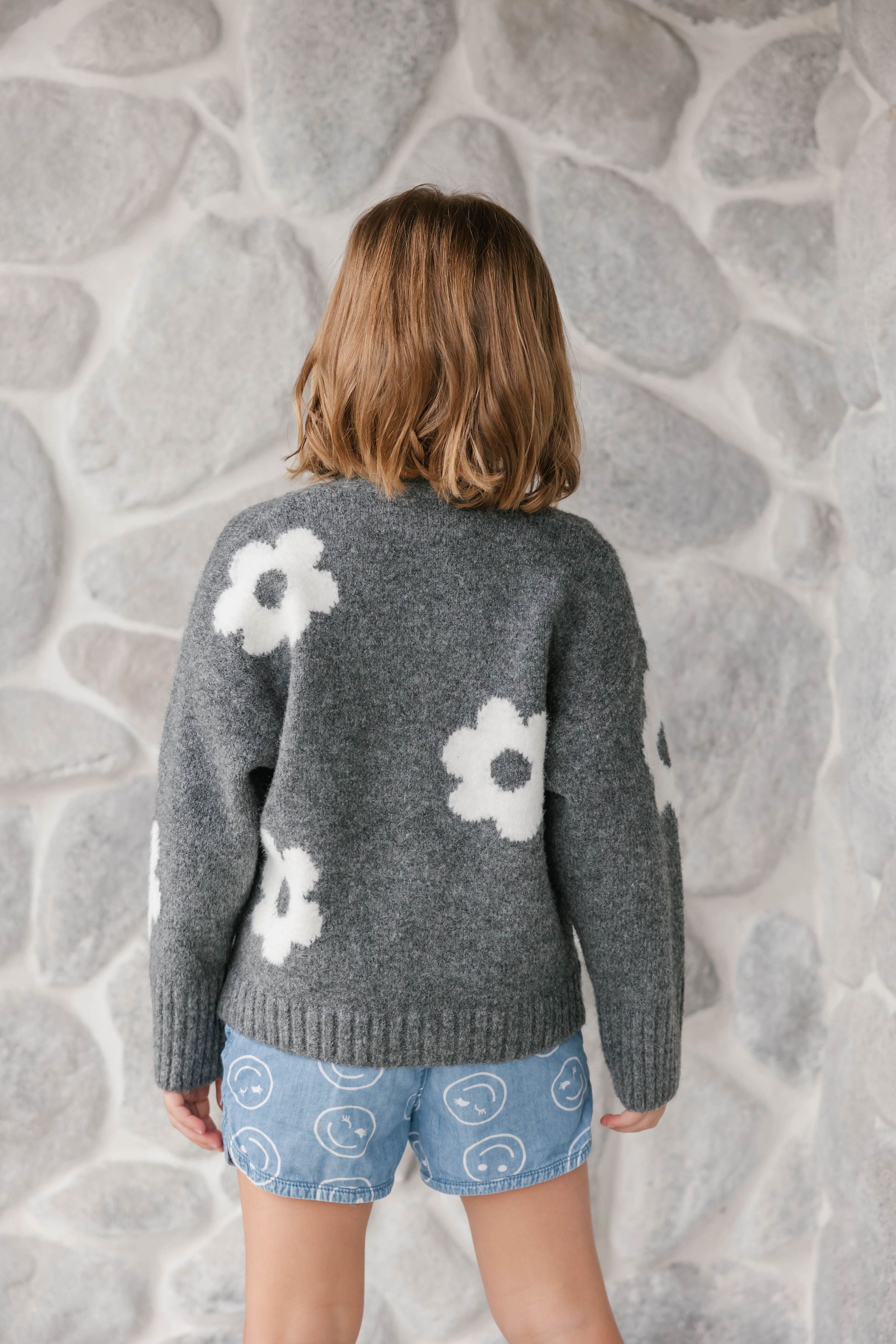 Kids Flora Cardigan in Heather Charcoal Combo