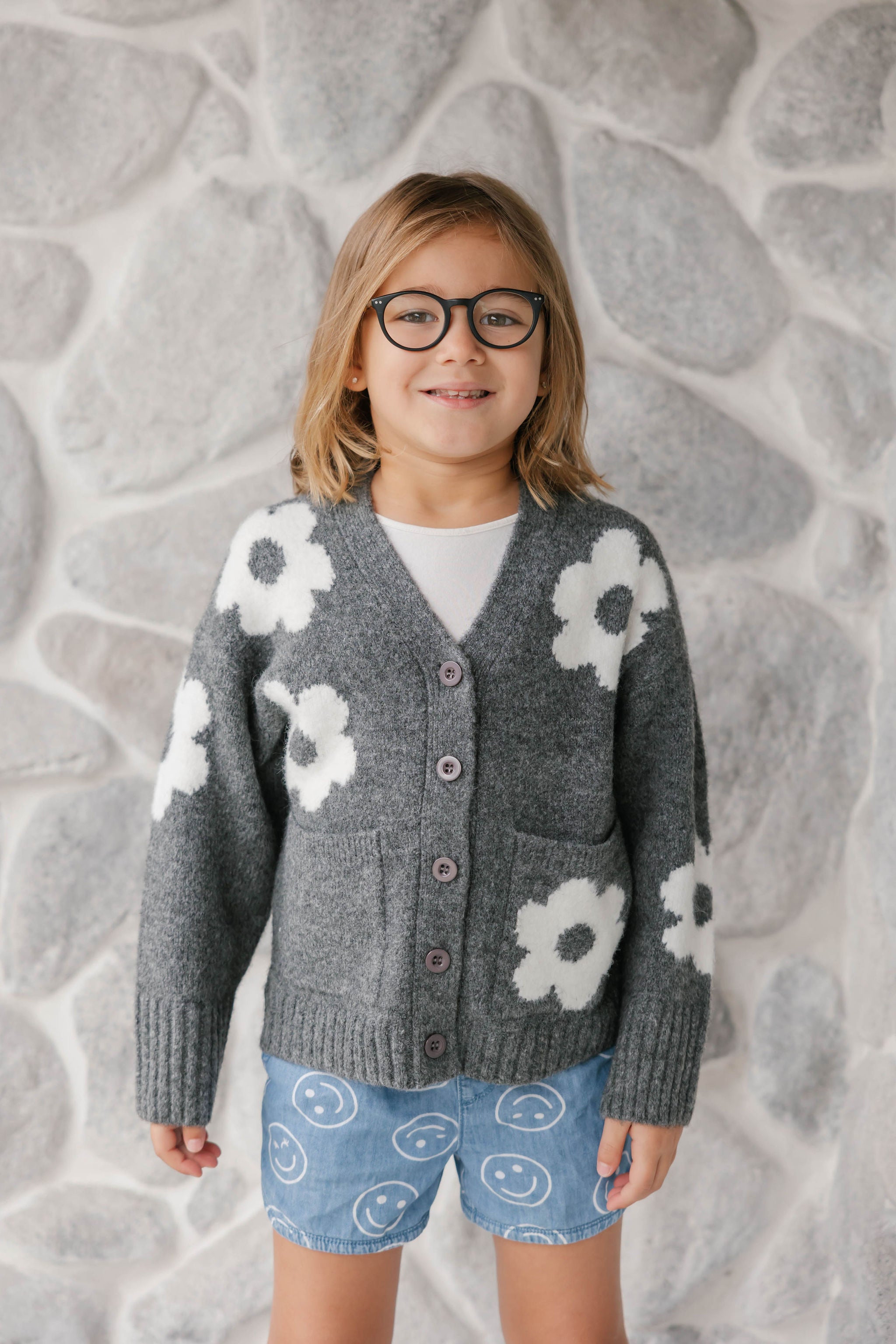 Kids Flora Cardigan in Heather Charcoal Combo