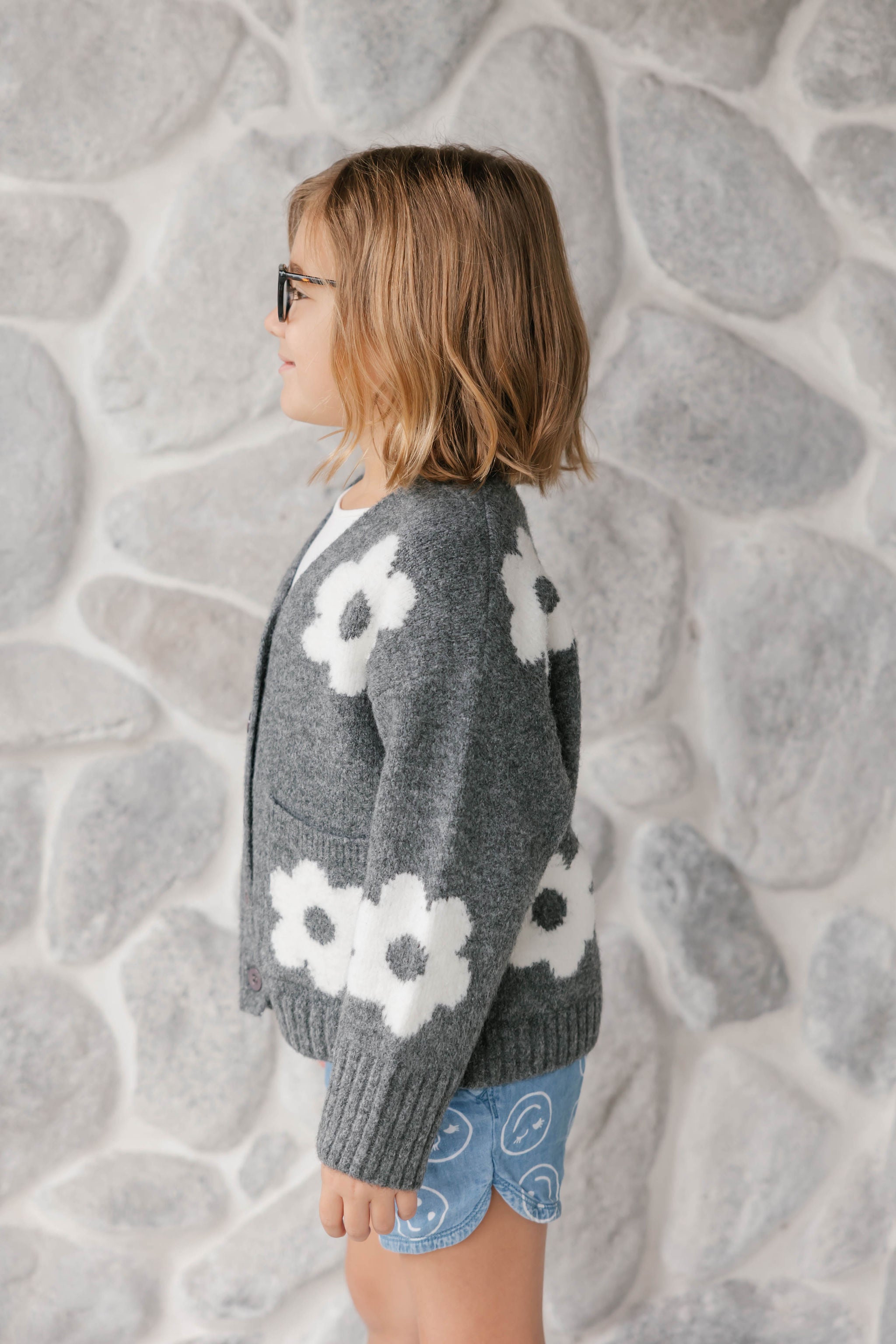 Kids Flora Cardigan in Heather Charcoal Combo