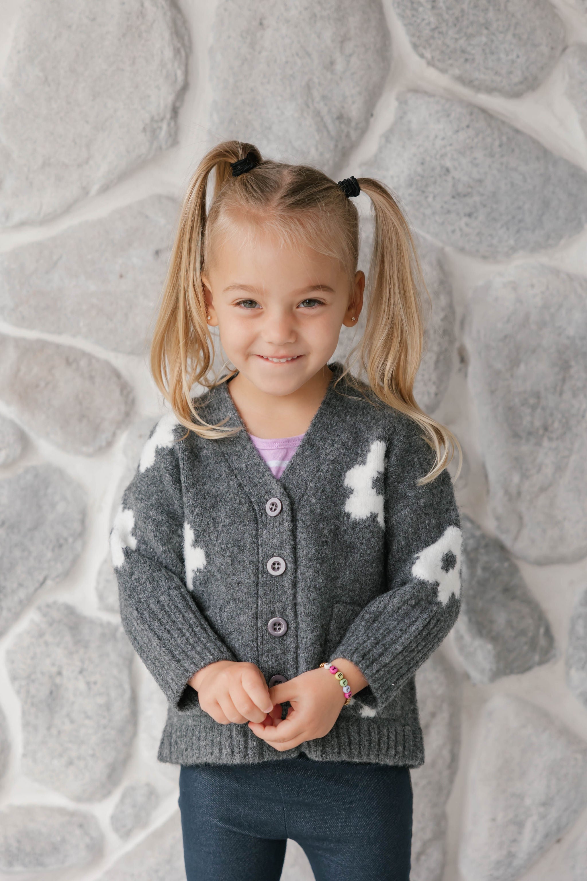 Kids Flora Cardigan in Heather Charcoal Combo