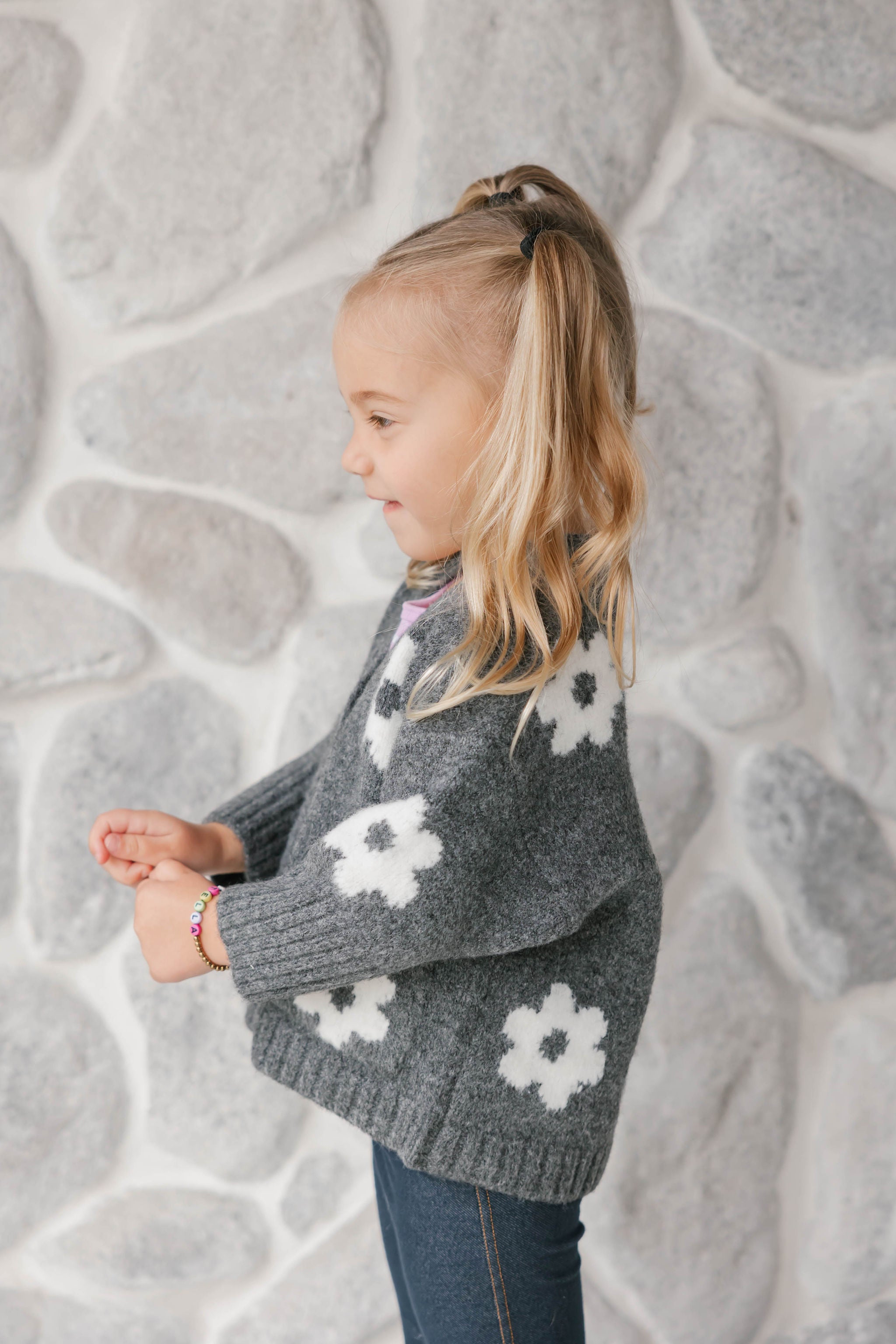 Kids Flora Cardigan in Heather Charcoal Combo