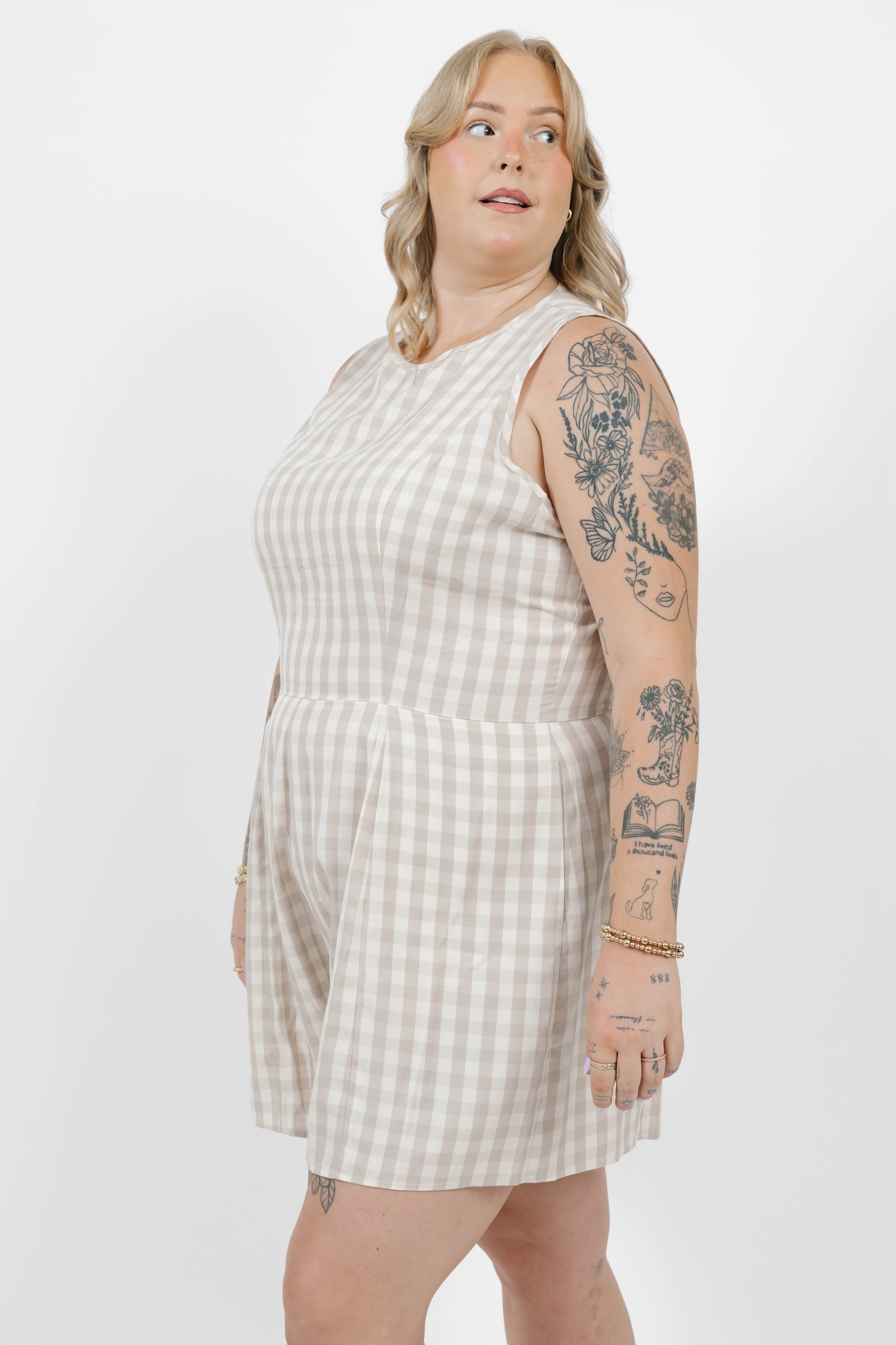 Laurel Romper in Oatmeal Gingham