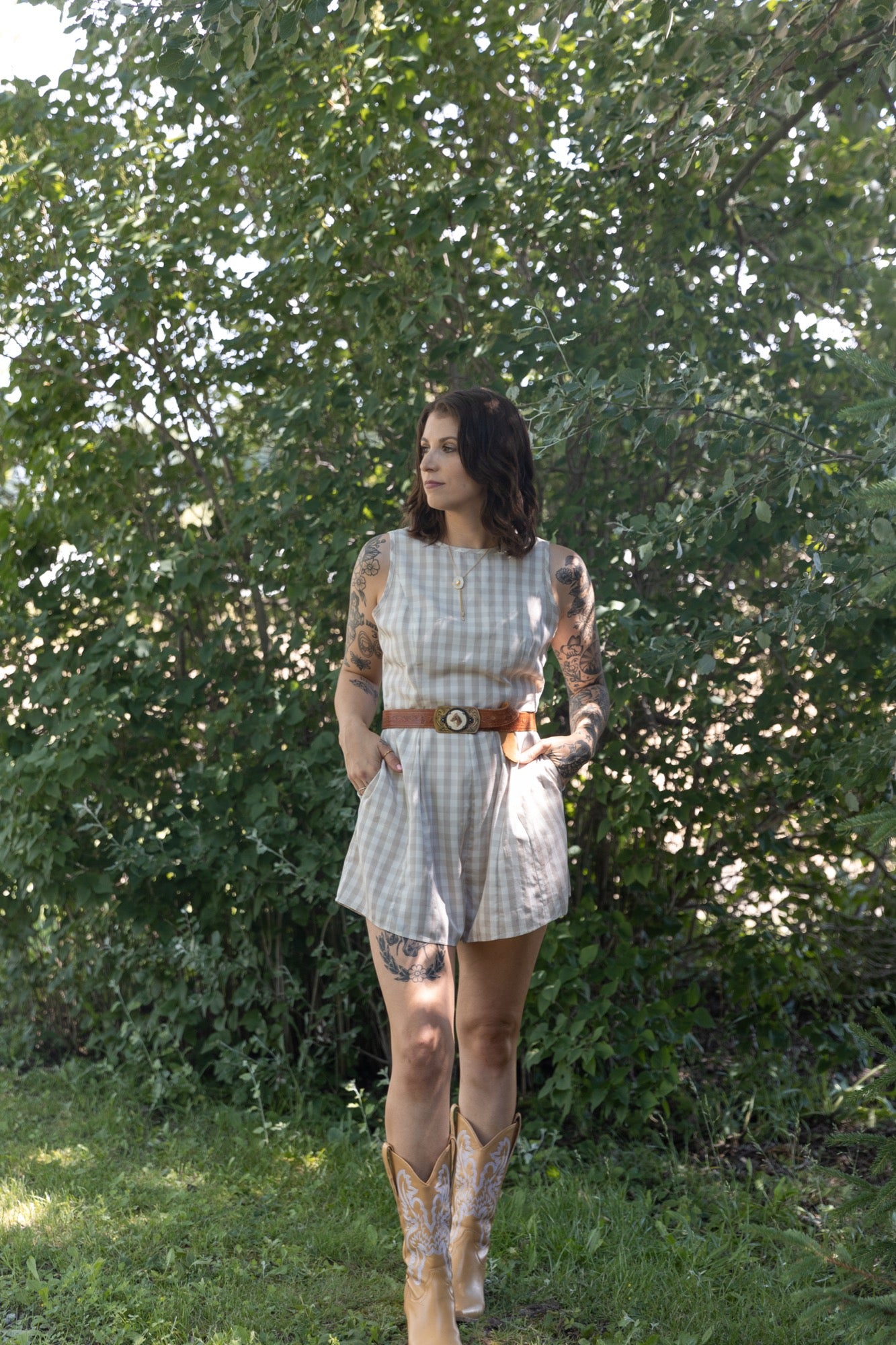 Laurel Romper in Oatmeal Gingham