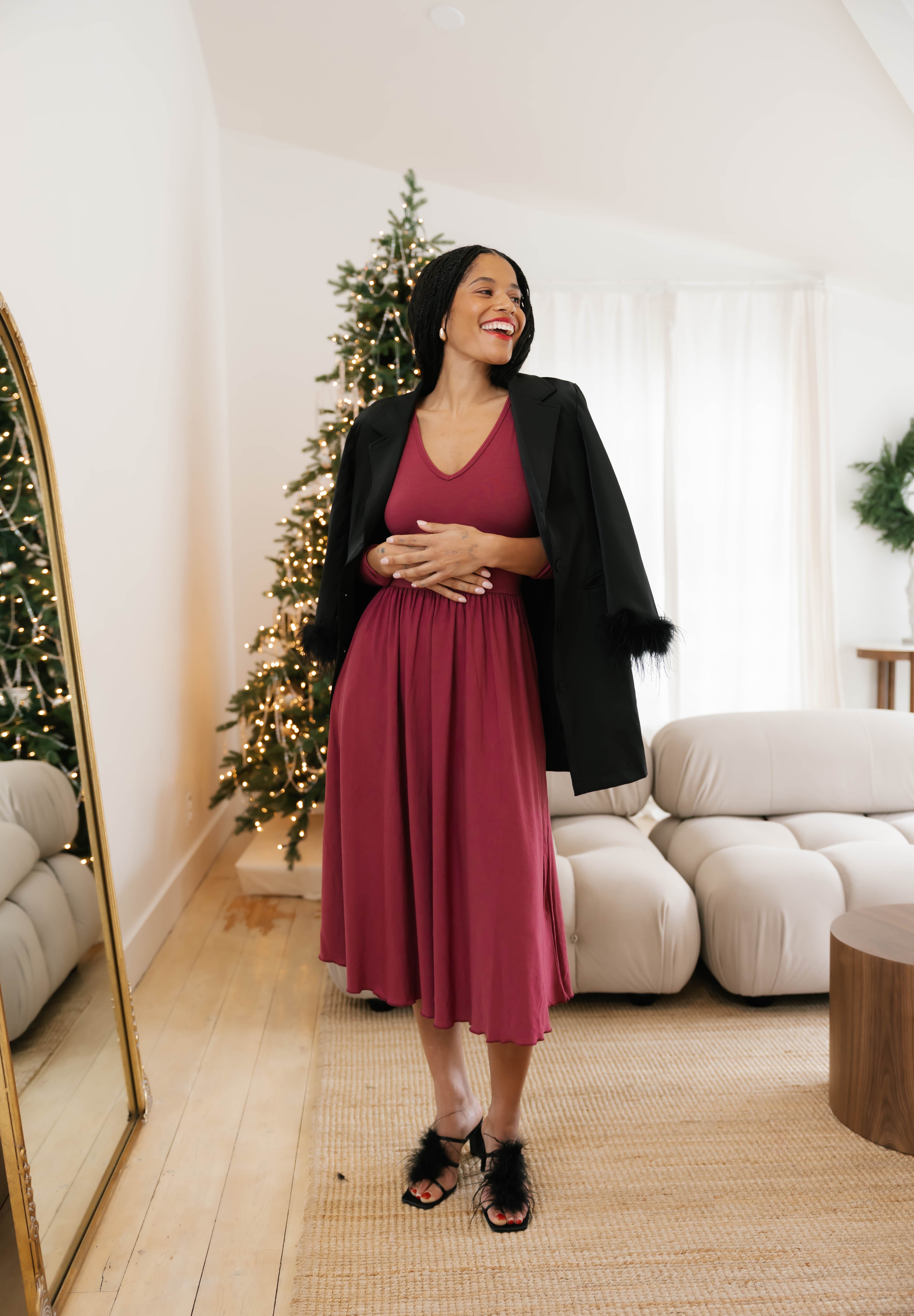 Leah Midi Dress in Dark Cranberry