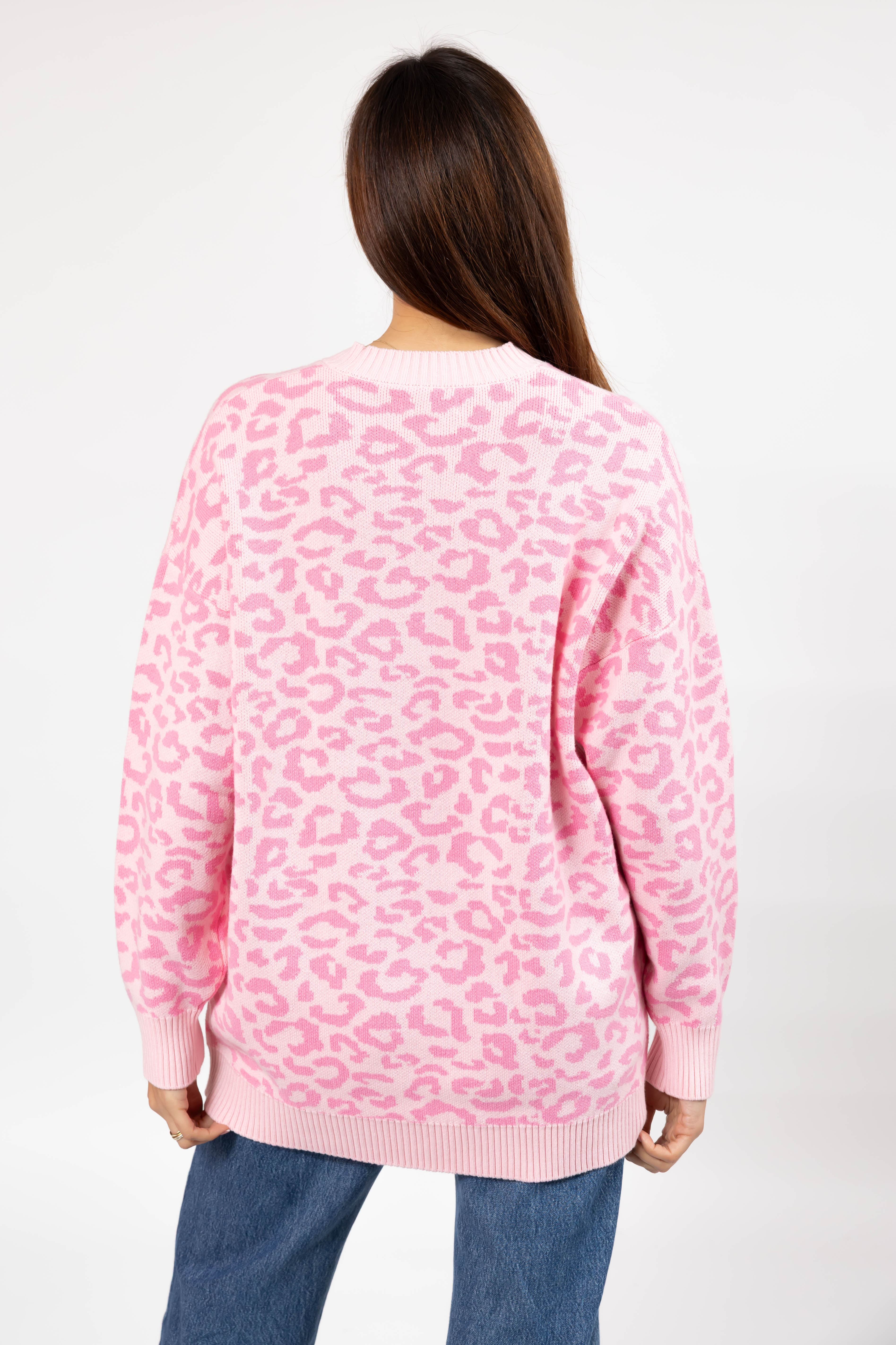 Leopard Long Sweater in Light Pink/Pink
