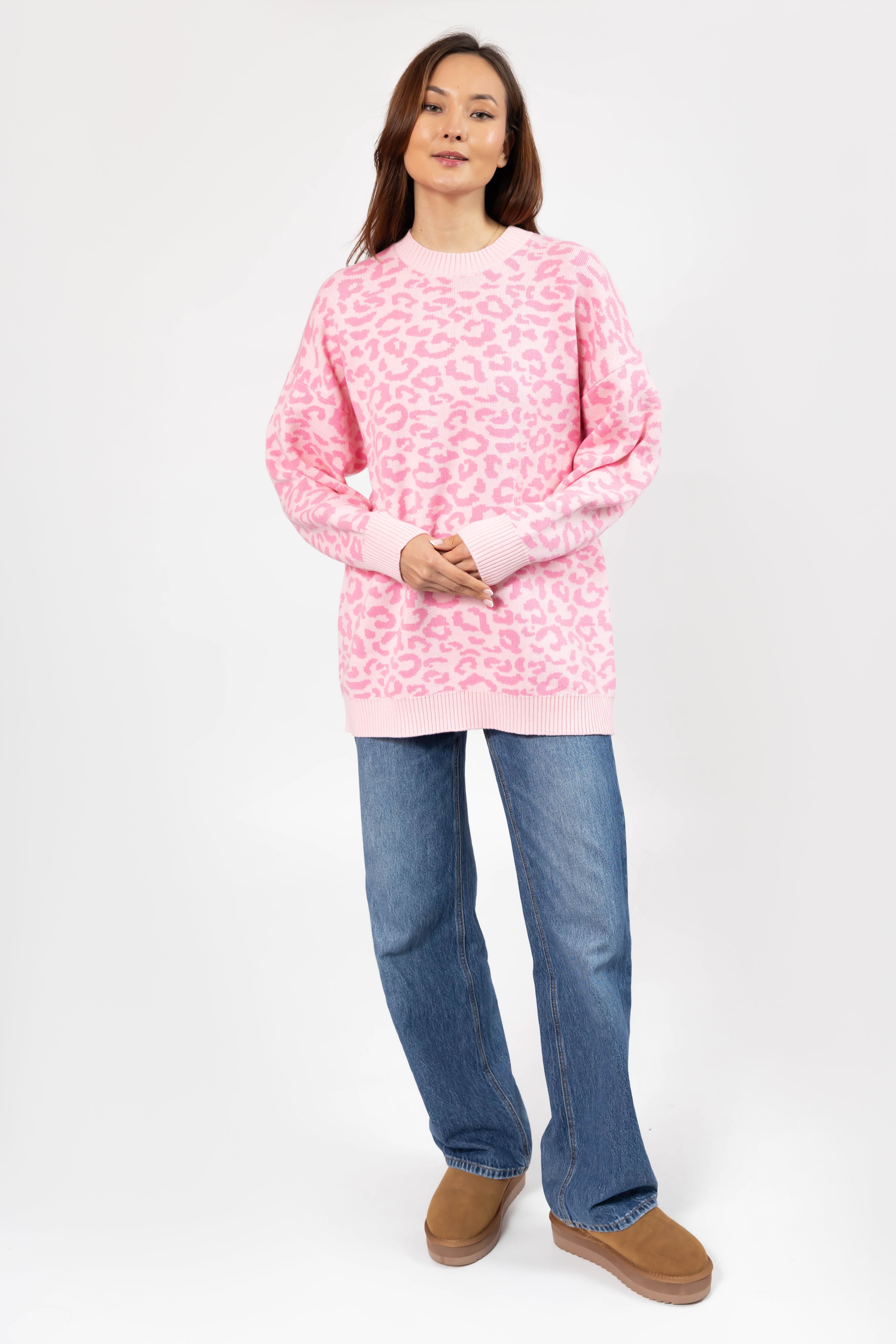 Leopard Long Sweater in Light Pink/Pink