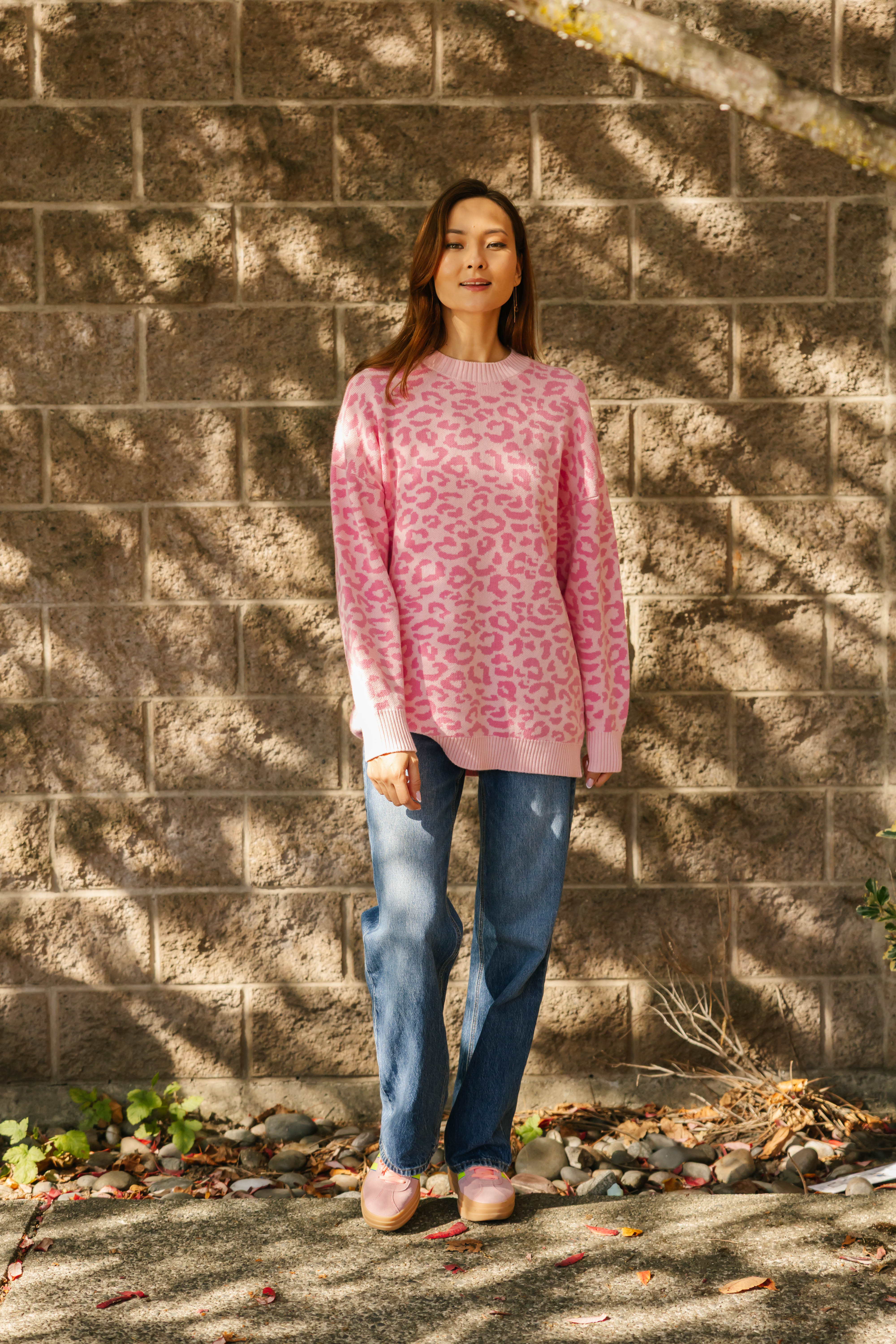 Leopard Long Sweater in Light Pink/Pink