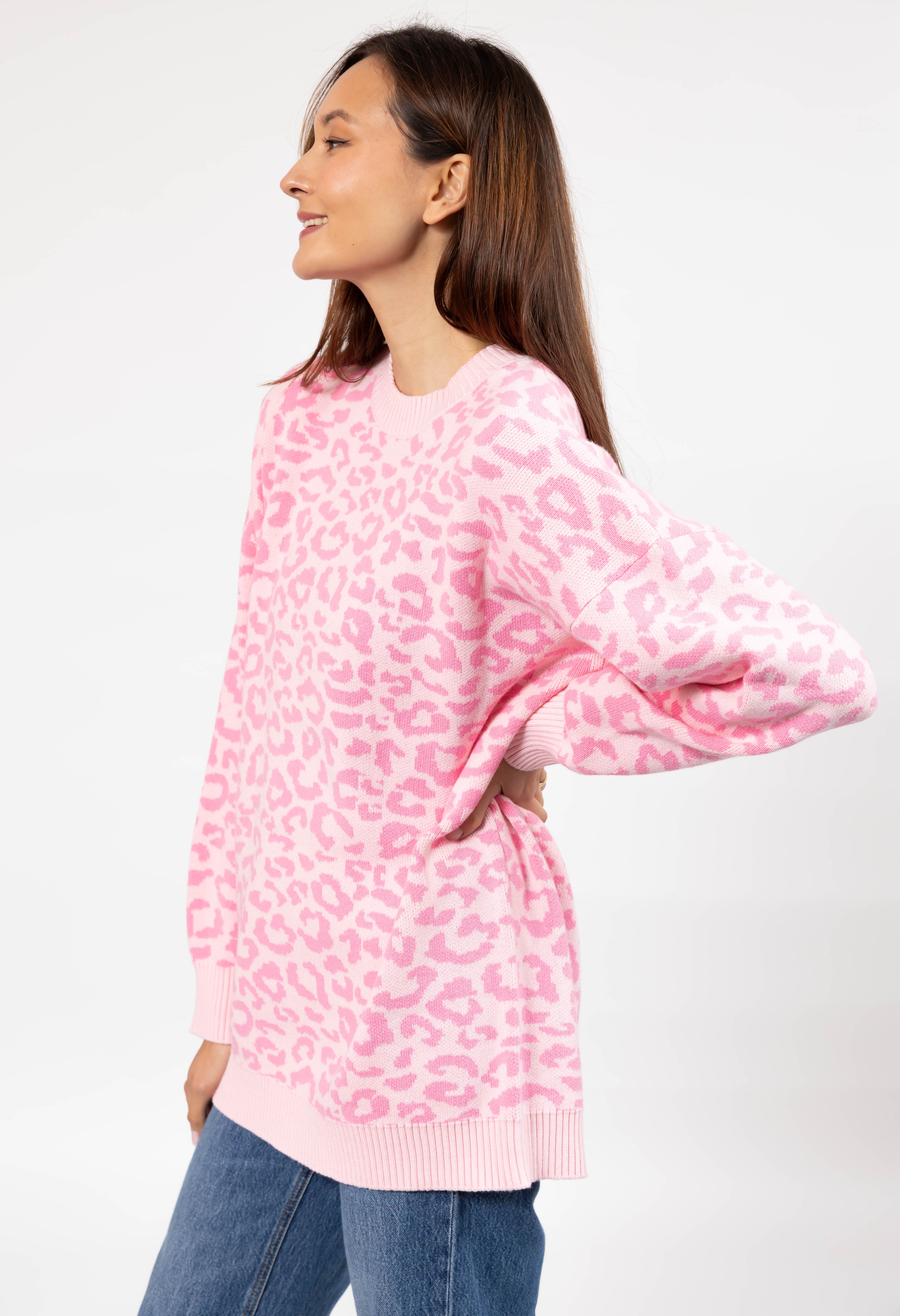 Leopard Long Sweater in Light Pink/Pink