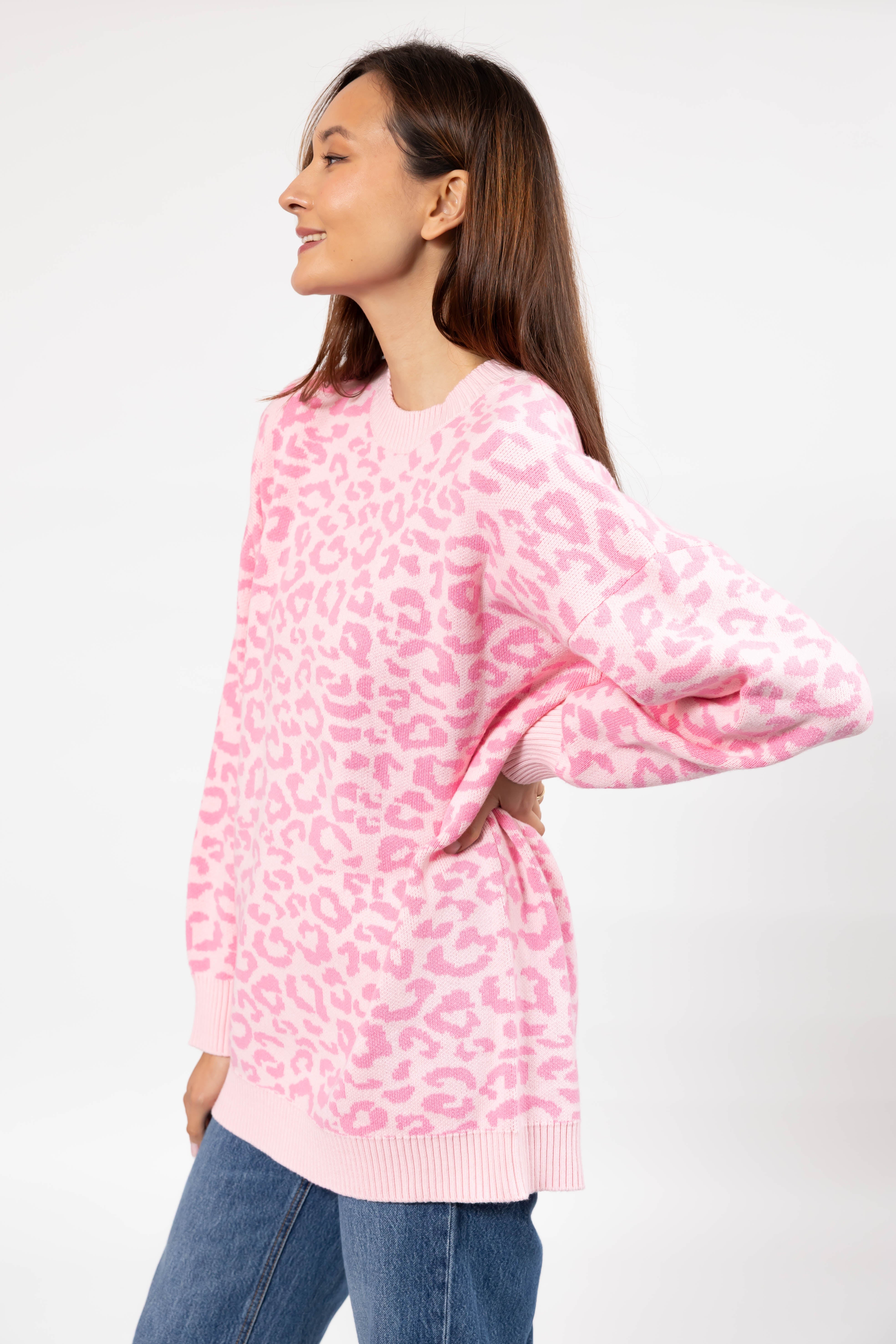 Leopard Long Sweater in Light Pink/Pink