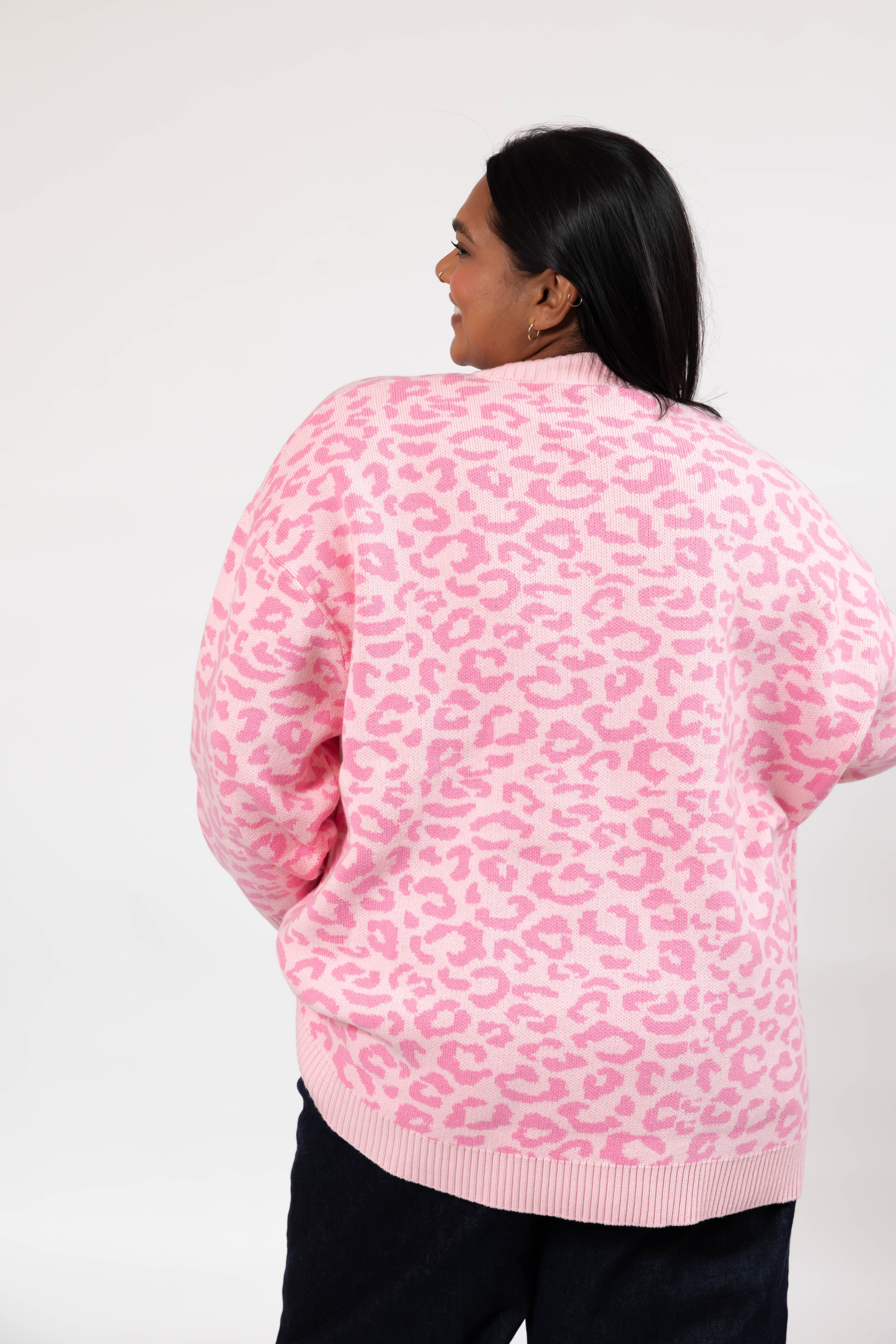 Leopard Long Sweater in Light Pink/Pink