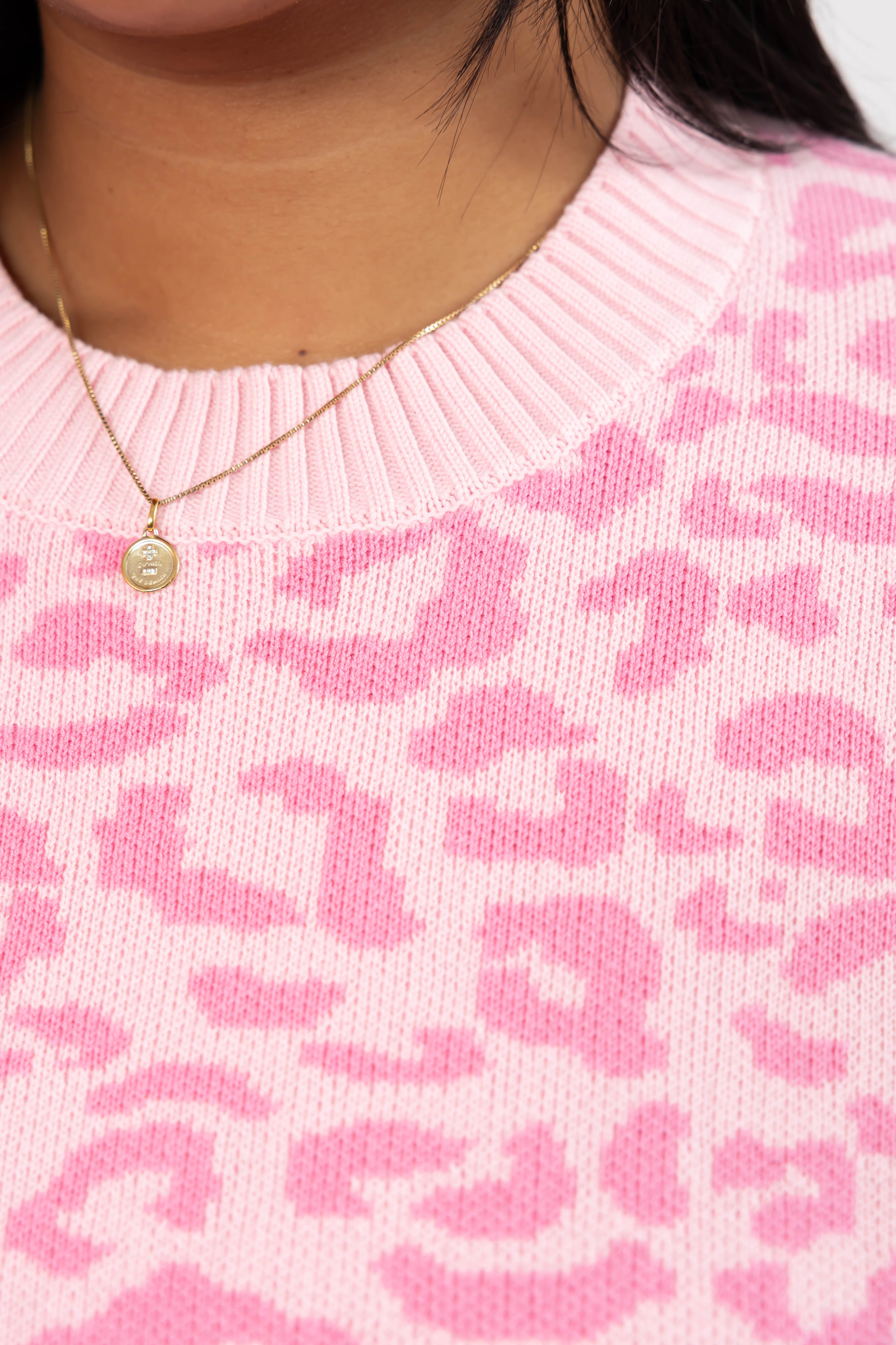 Leopard Long Sweater in Light Pink/Pink