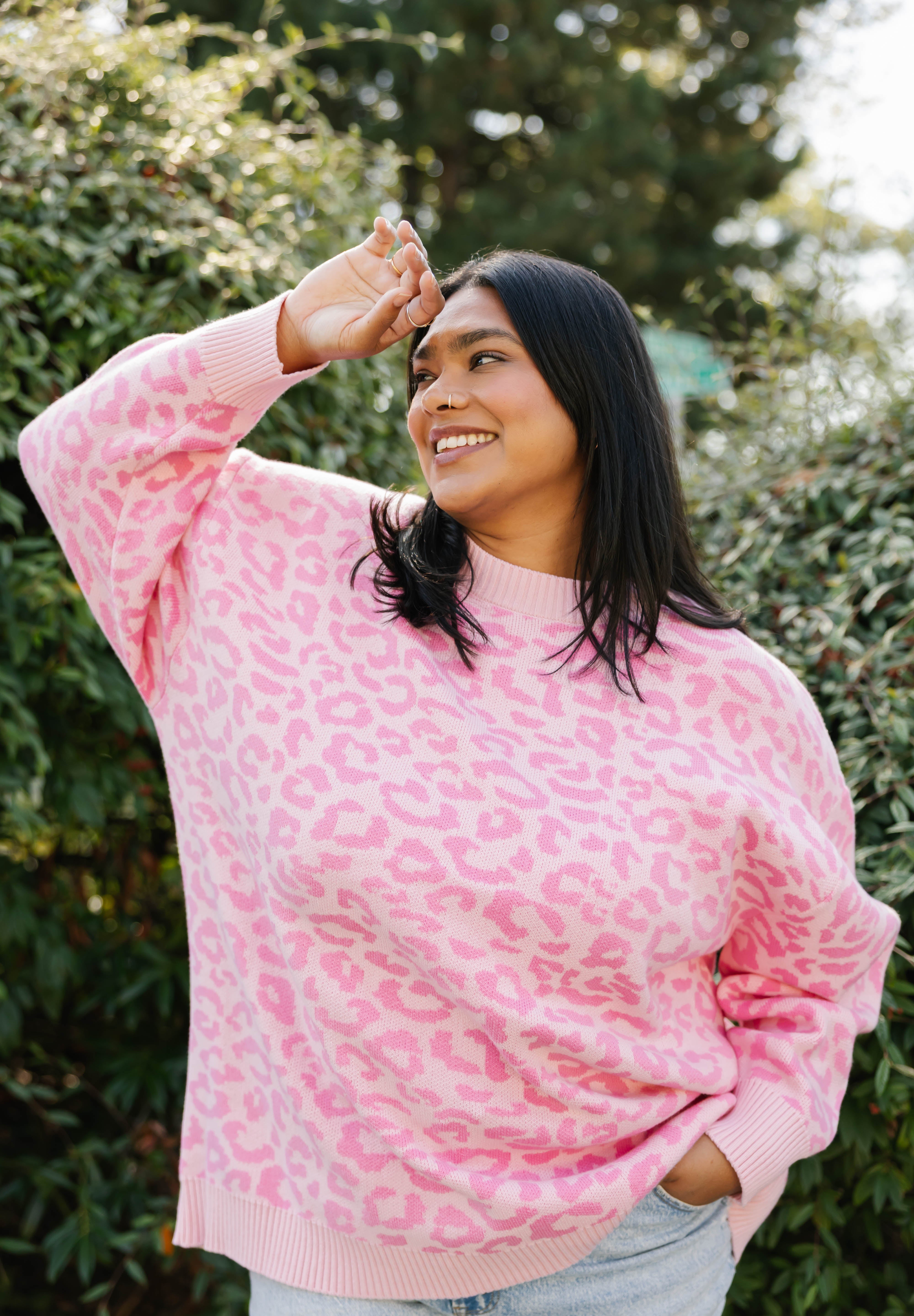 Leopard Long Sweater in Light Pink/Pink