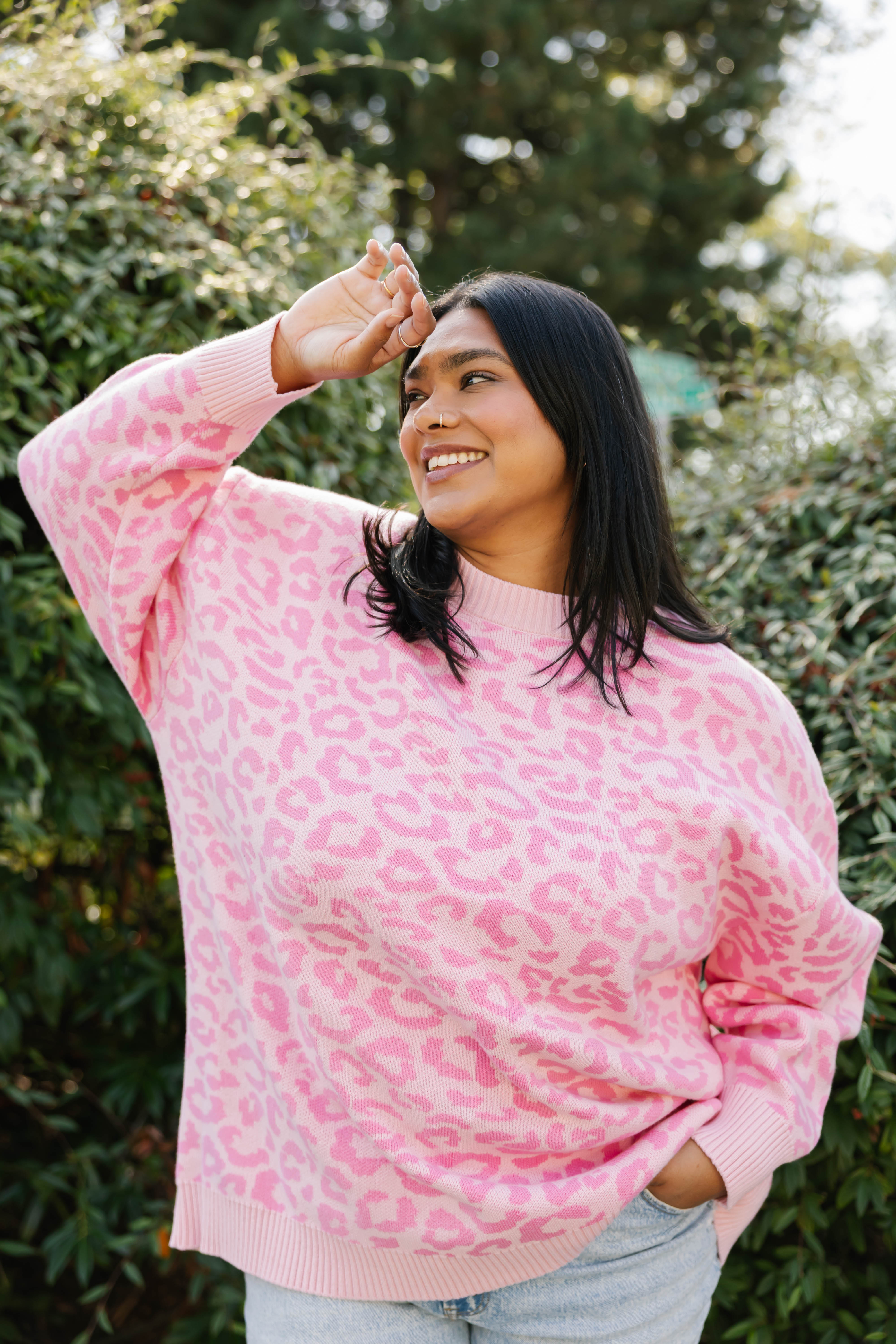 Leopard Long Sweater in Light Pink/Pink