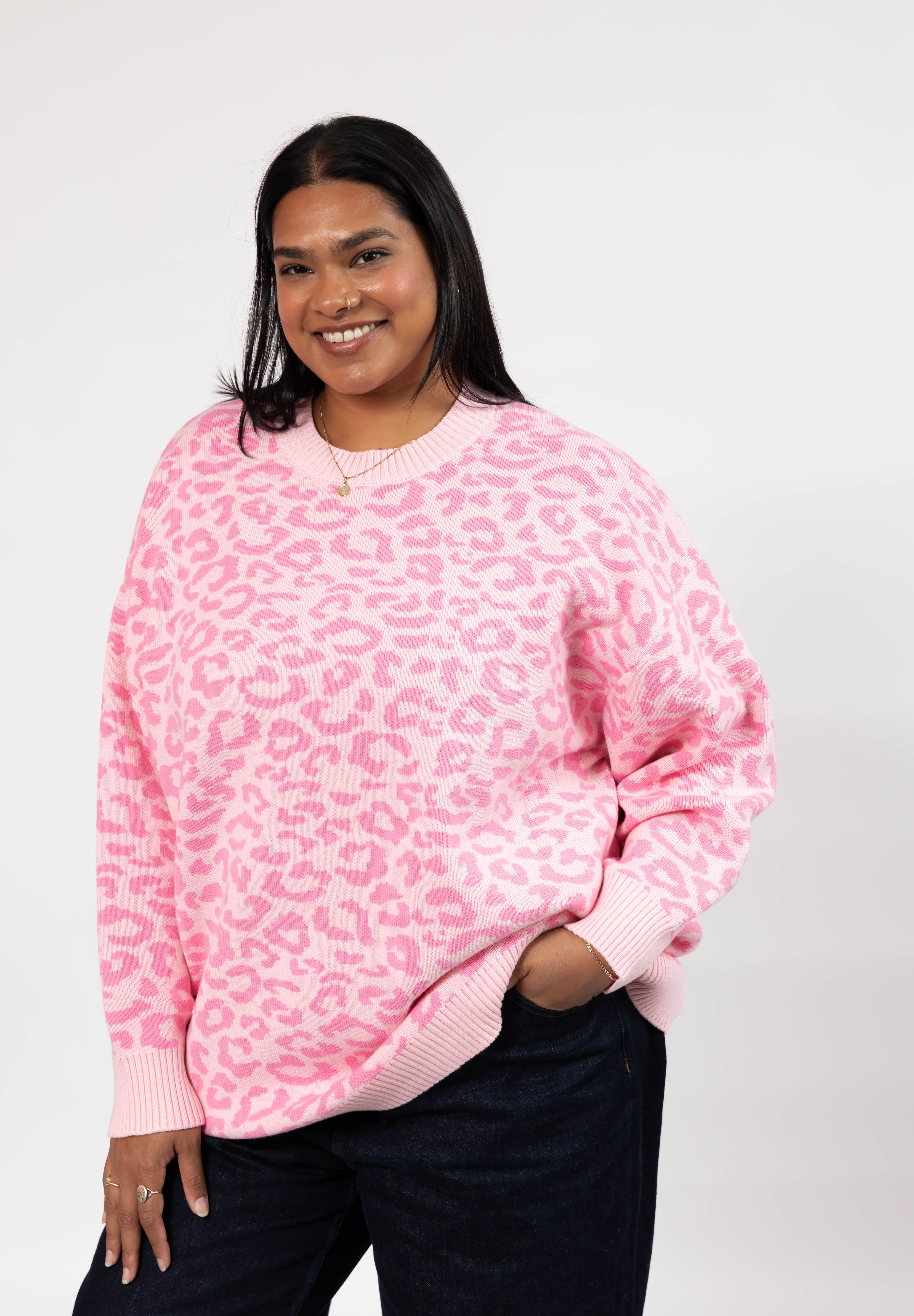 Leopard Long Sweater in Light Pink/Pink