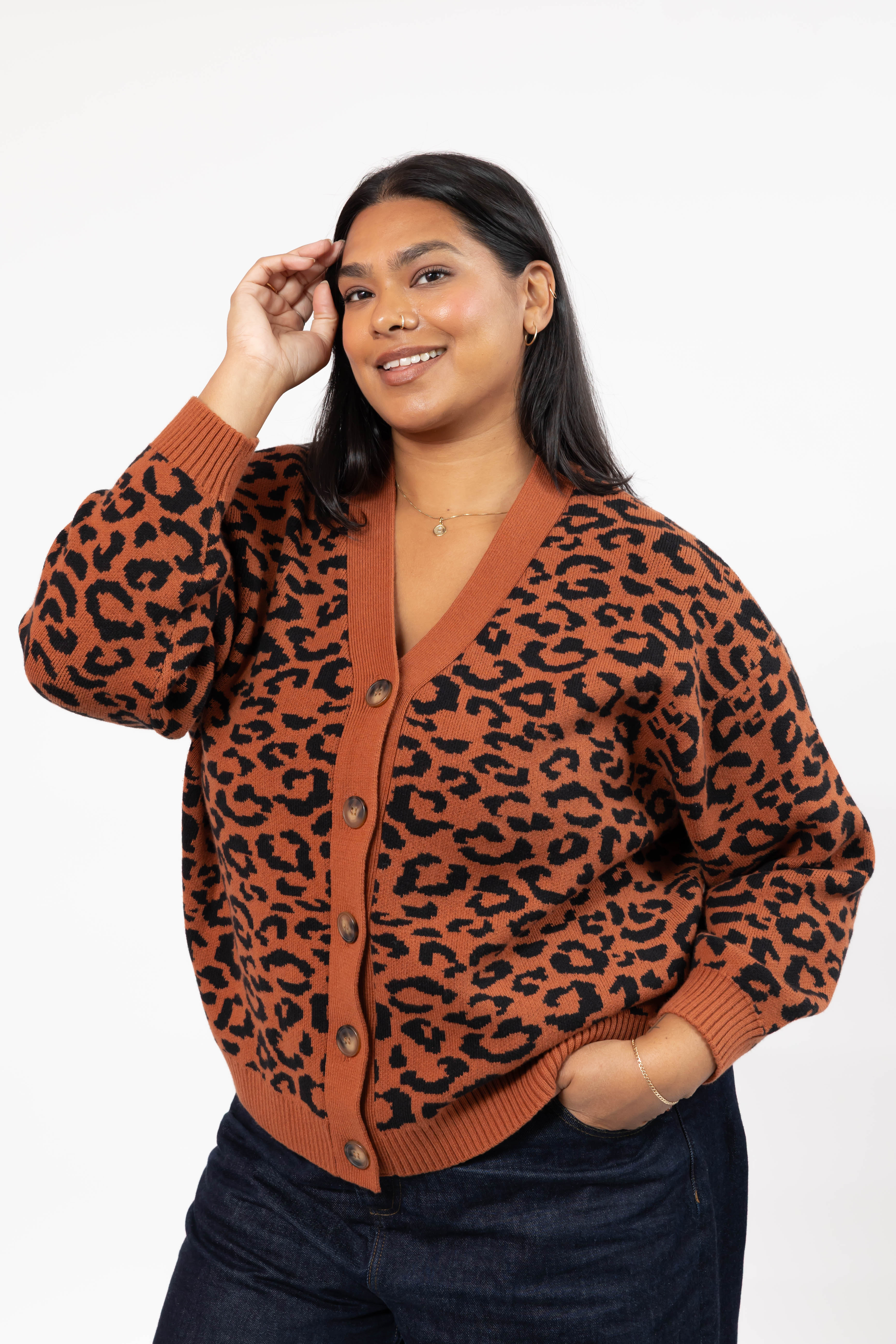 Leopard Cardigan in Rust Brown/Midnight Black