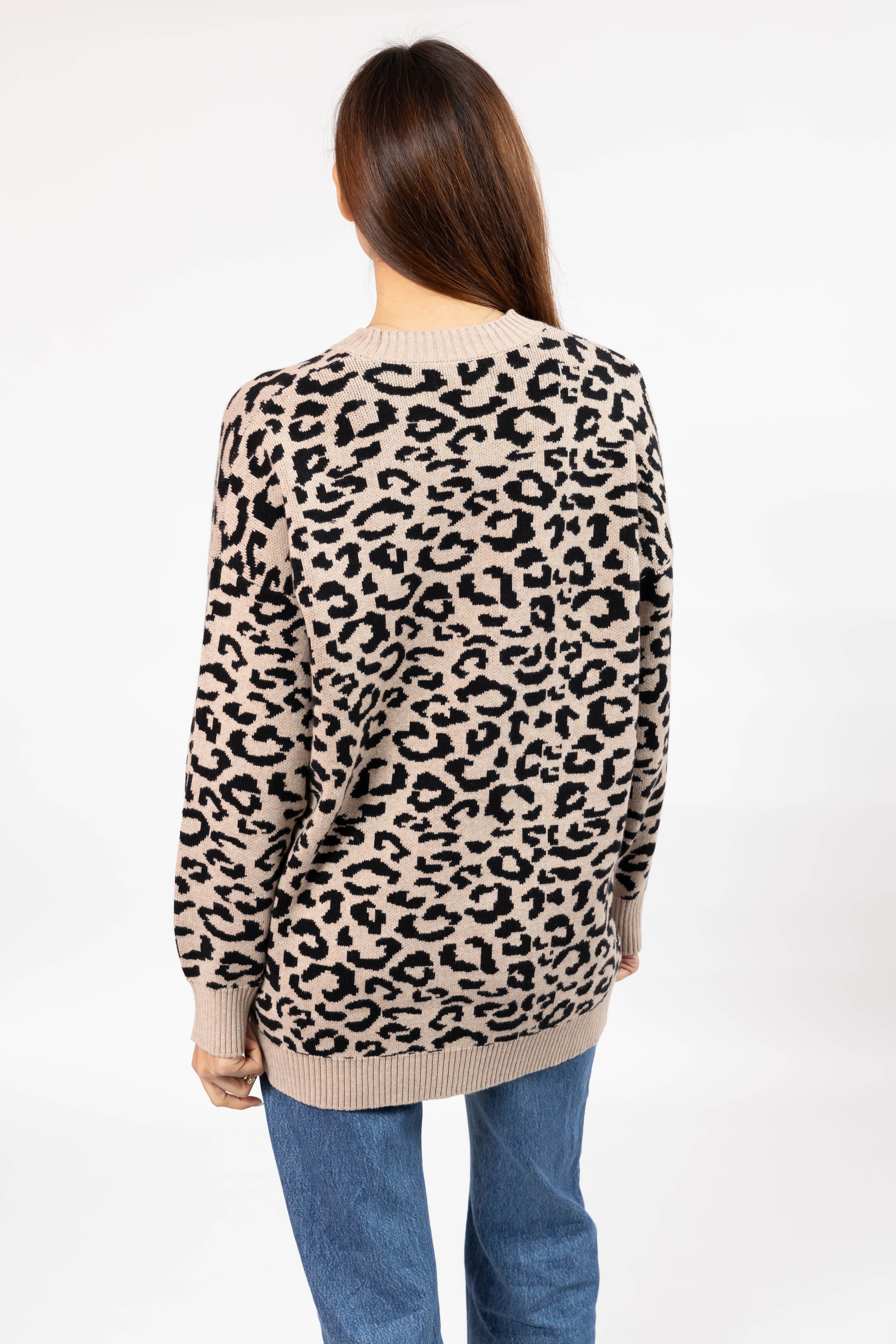 Leopard Long Sweater in Taupe/Midnight Black