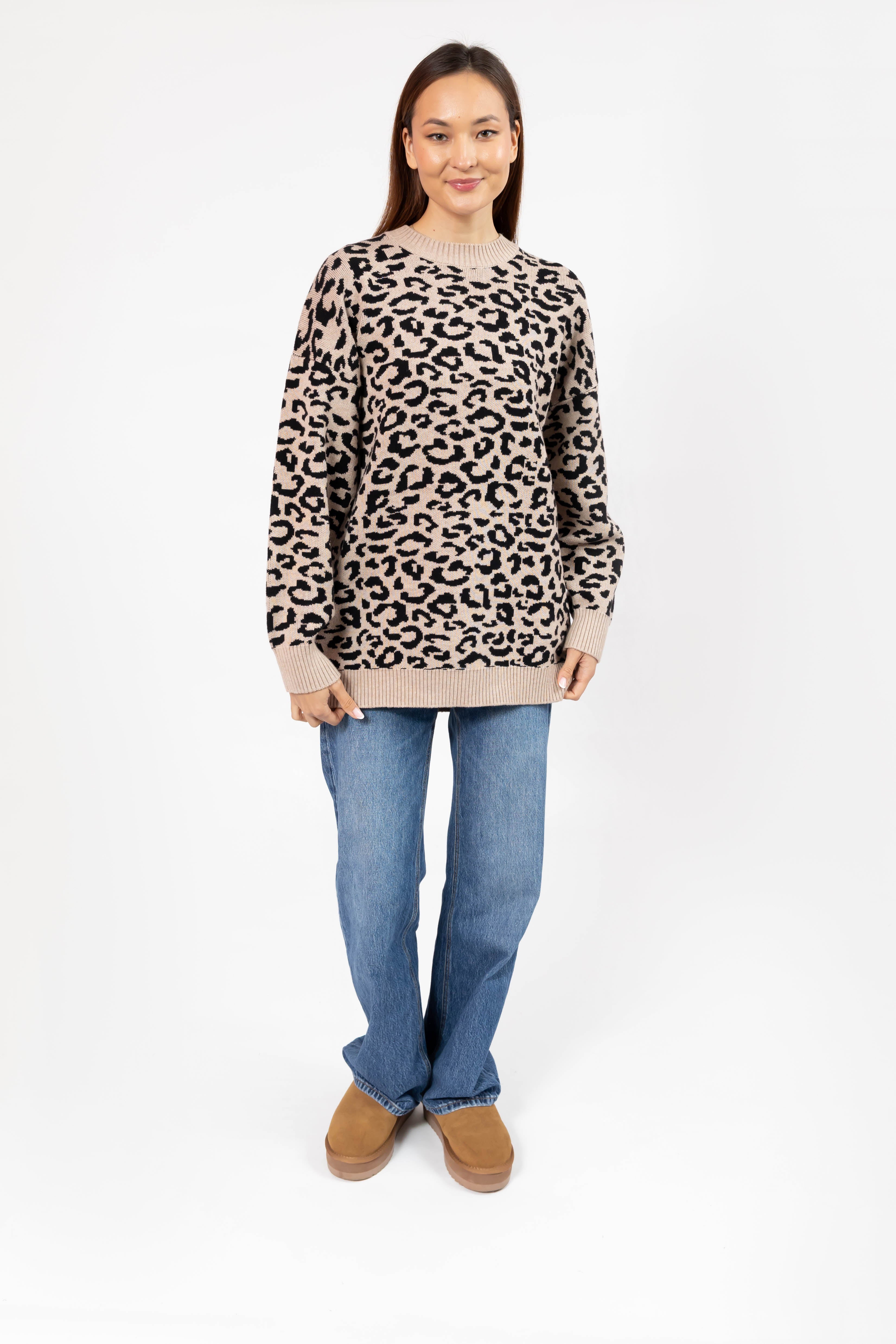 Leopard Long Sweater in Taupe/Midnight Black
