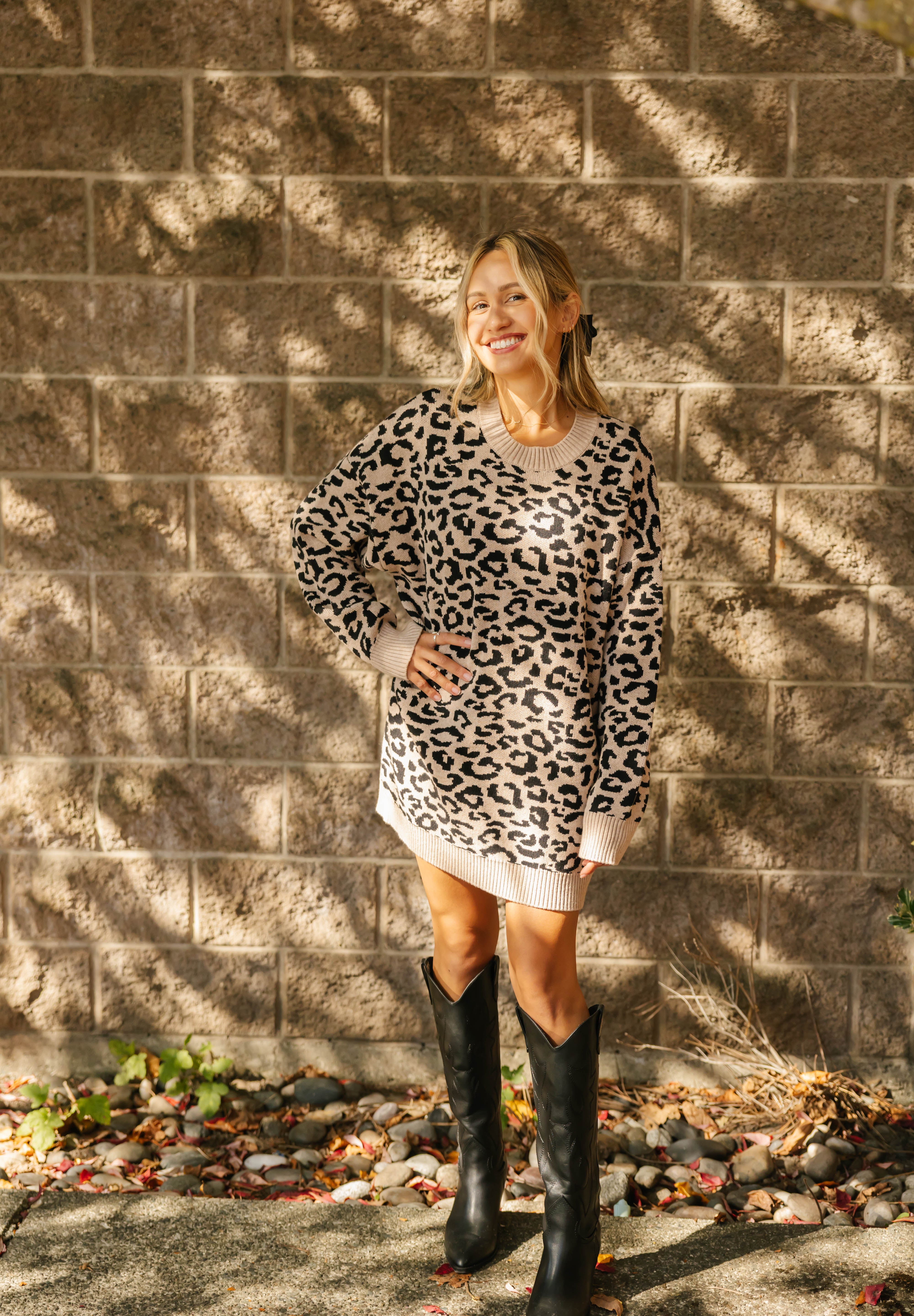 Leopard Long Sweater in Taupe/Midnight Black