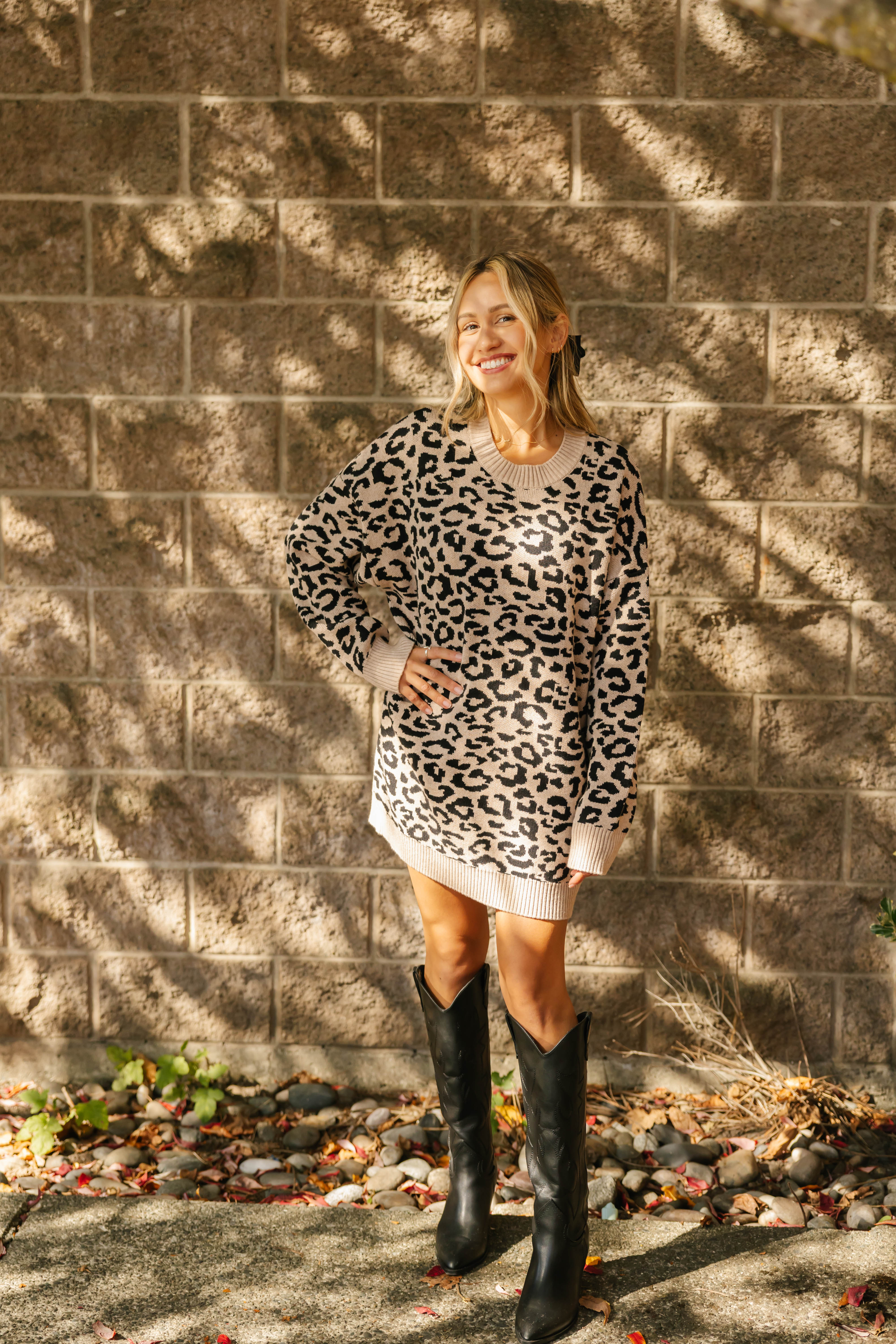 Leopard Long Sweater in Taupe/Midnight Black