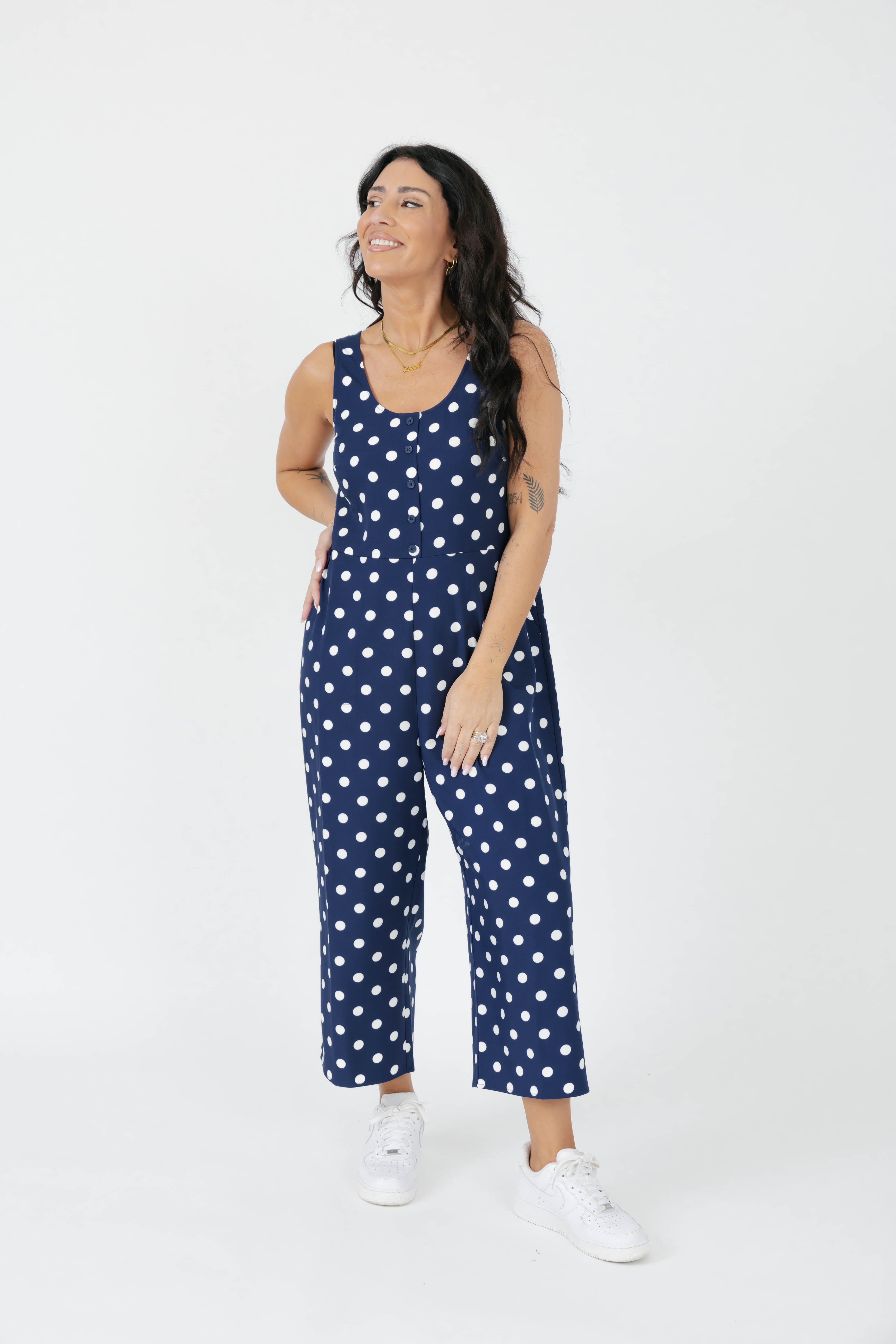 Lucy Polka Dot Cropped Romper in Navy Blue