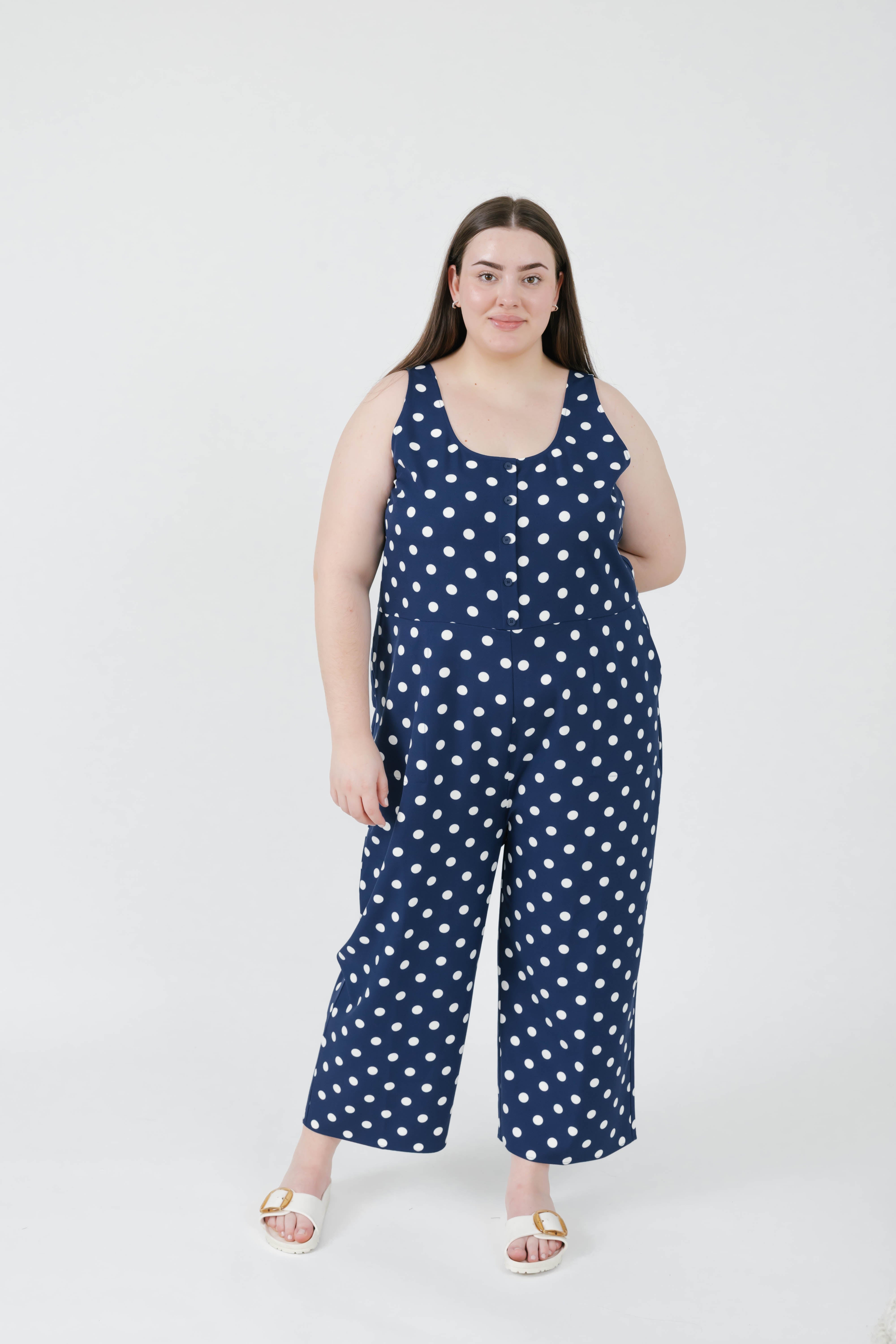 Lucy Polka Dot Cropped Romper in Navy Blue