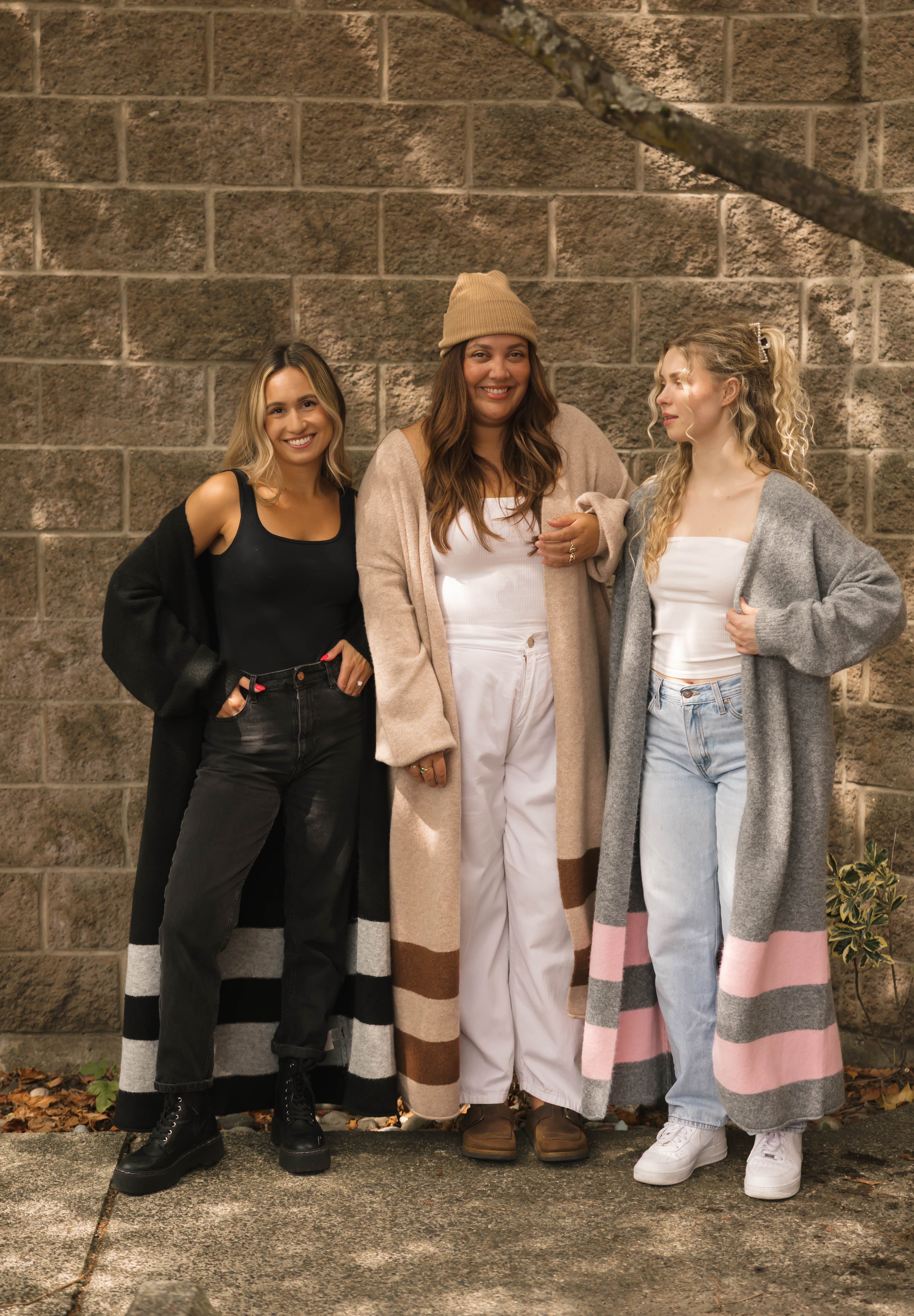 Mabel Striped Long Cardigan in Heather Grey/Pink