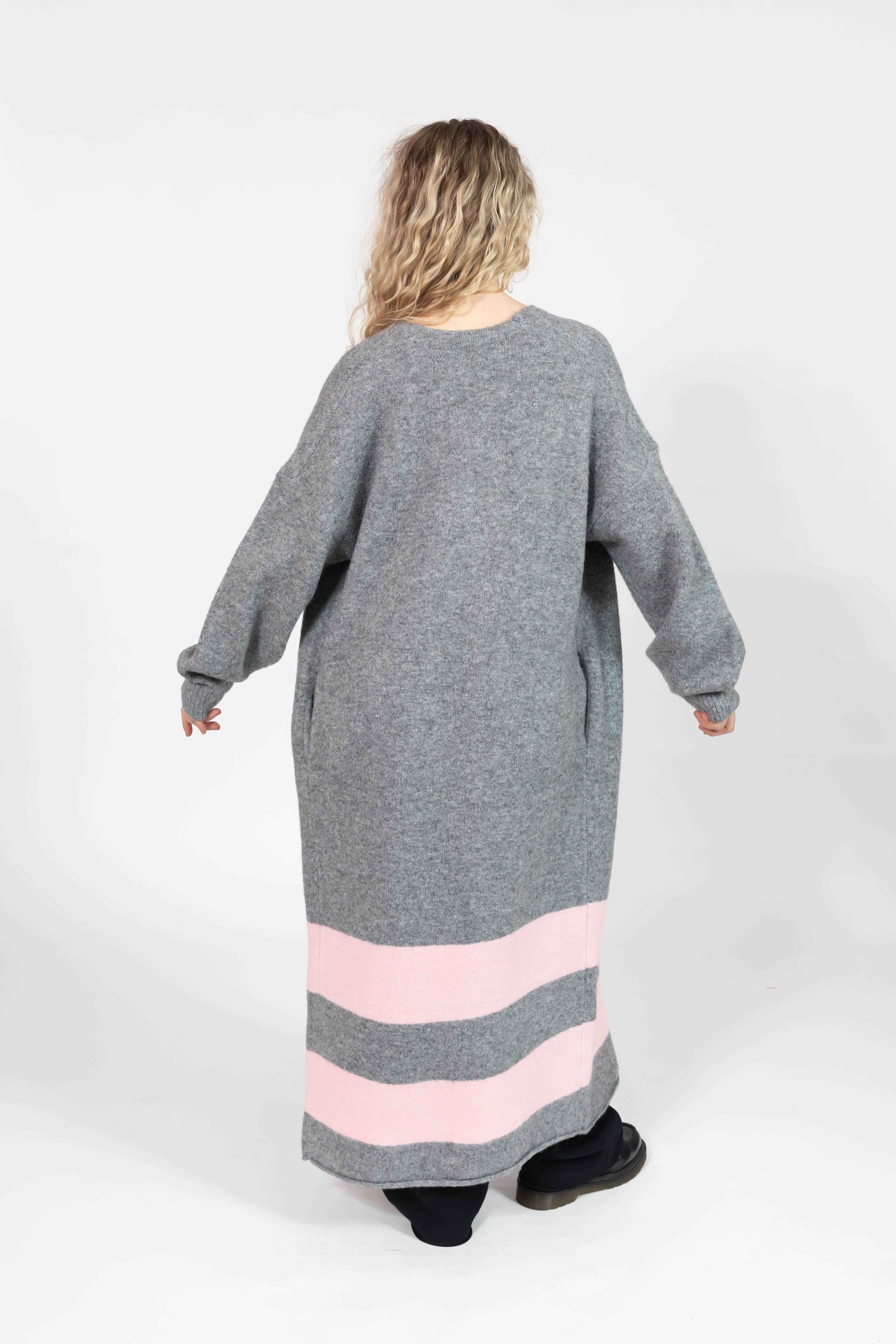 Mabel Striped Long Cardigan in Heather Grey/Pink
