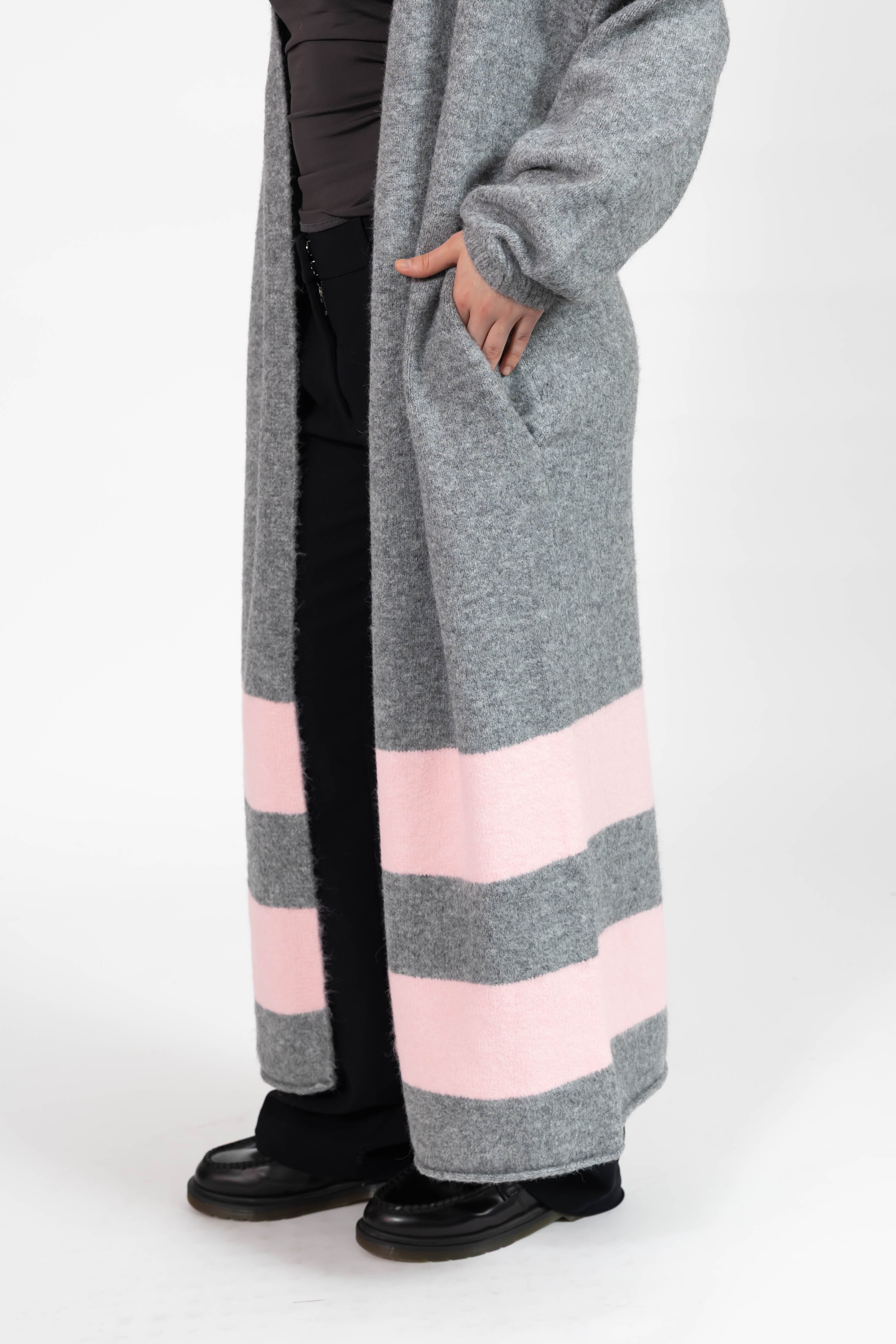 Mabel Striped Long Cardigan in Heather Grey/Pink