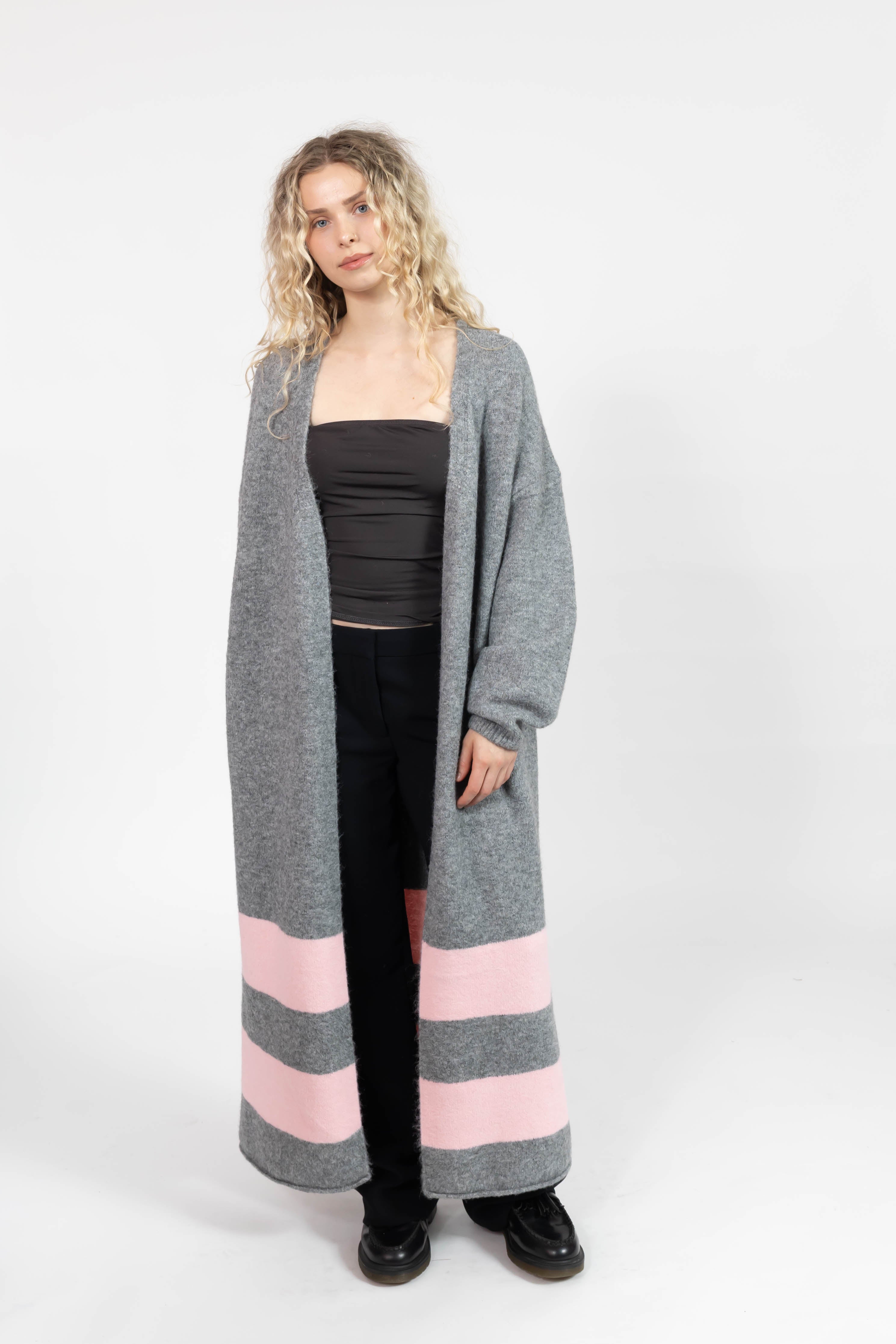 Mabel Striped Long Cardigan in Heather Grey/Pink