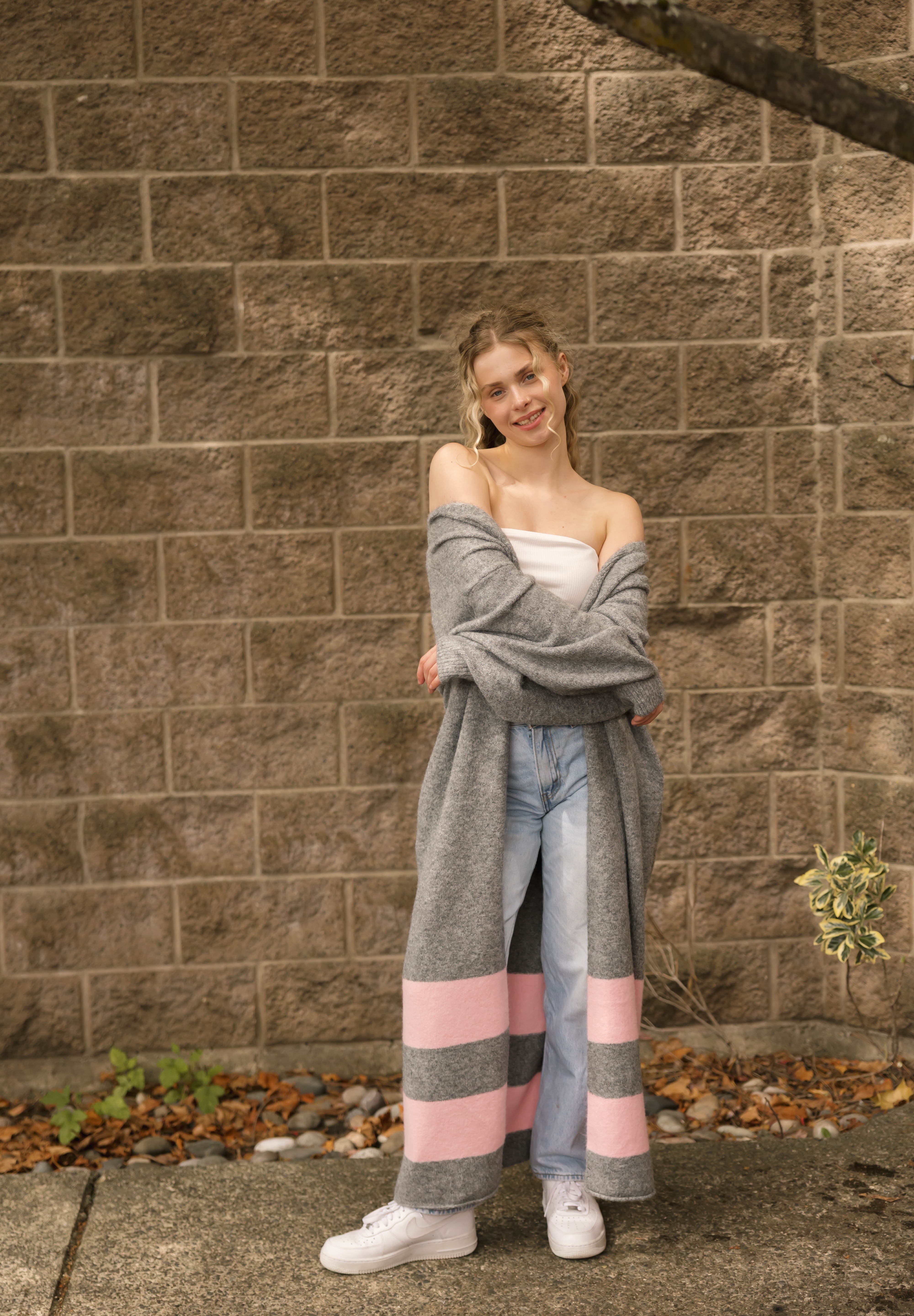 Mabel Striped Long Cardigan in Heather Grey/Pink