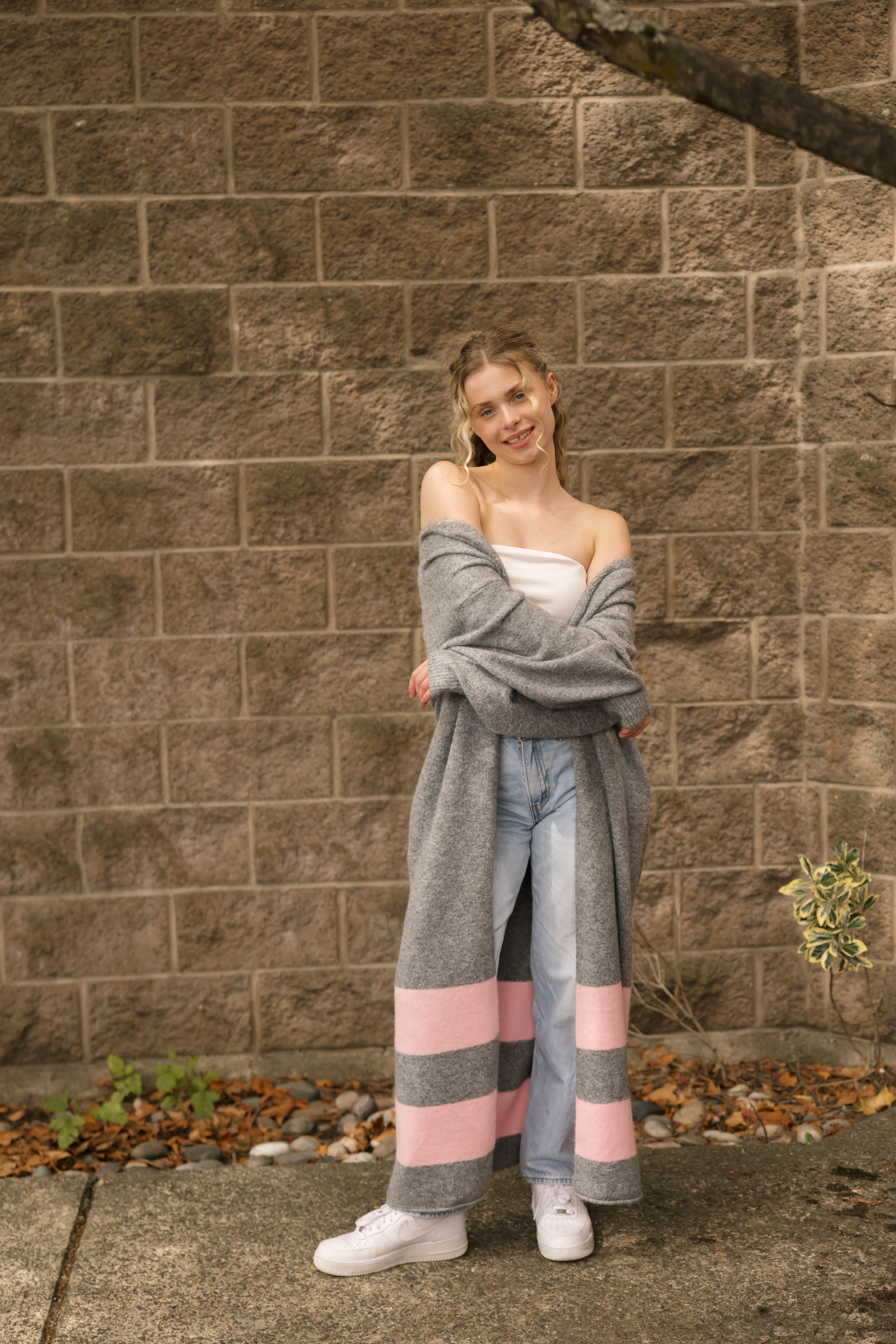 Mabel Striped Long Cardigan in Heather Grey/Pink