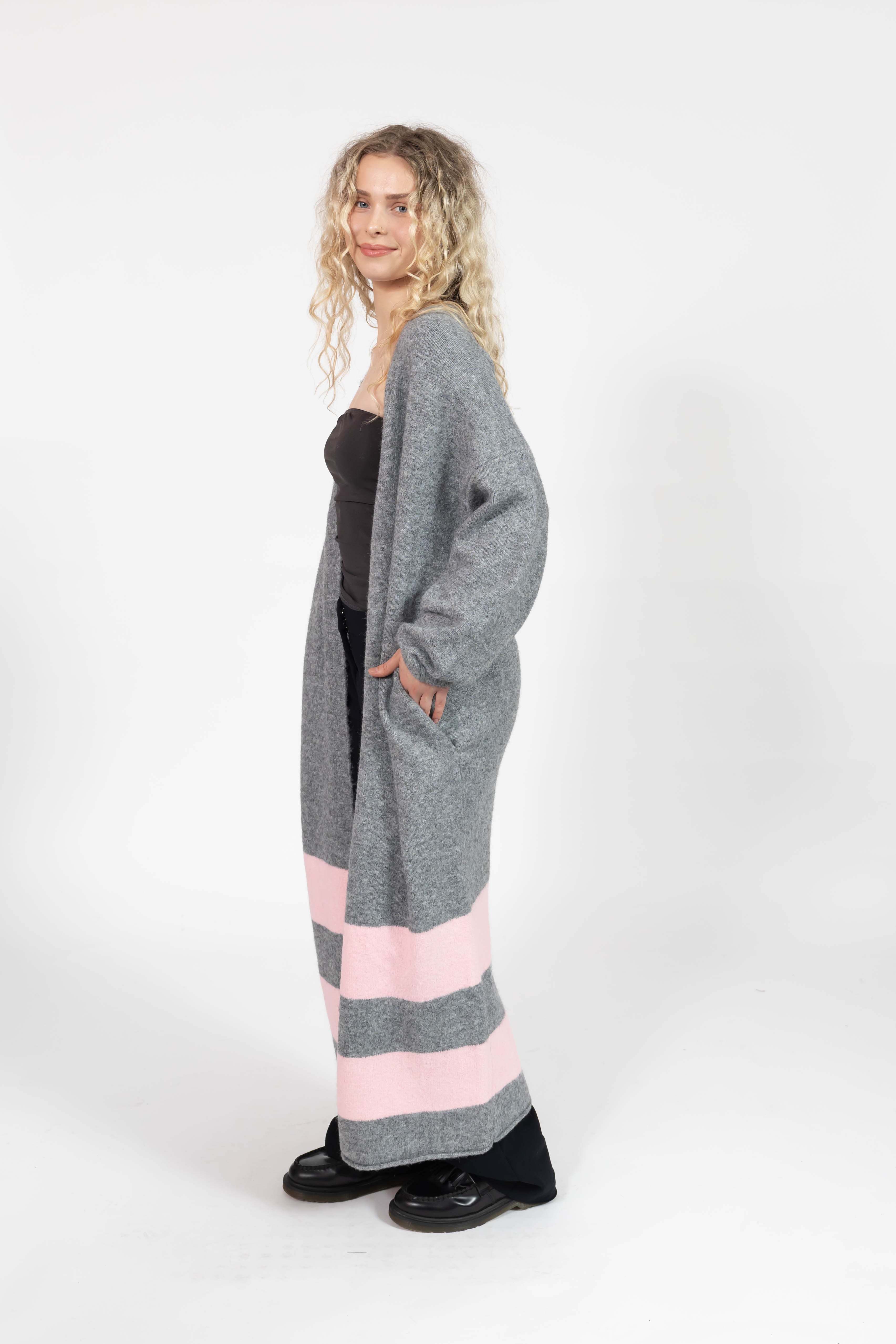 Mabel Striped Long Cardigan in Heather Grey/Pink