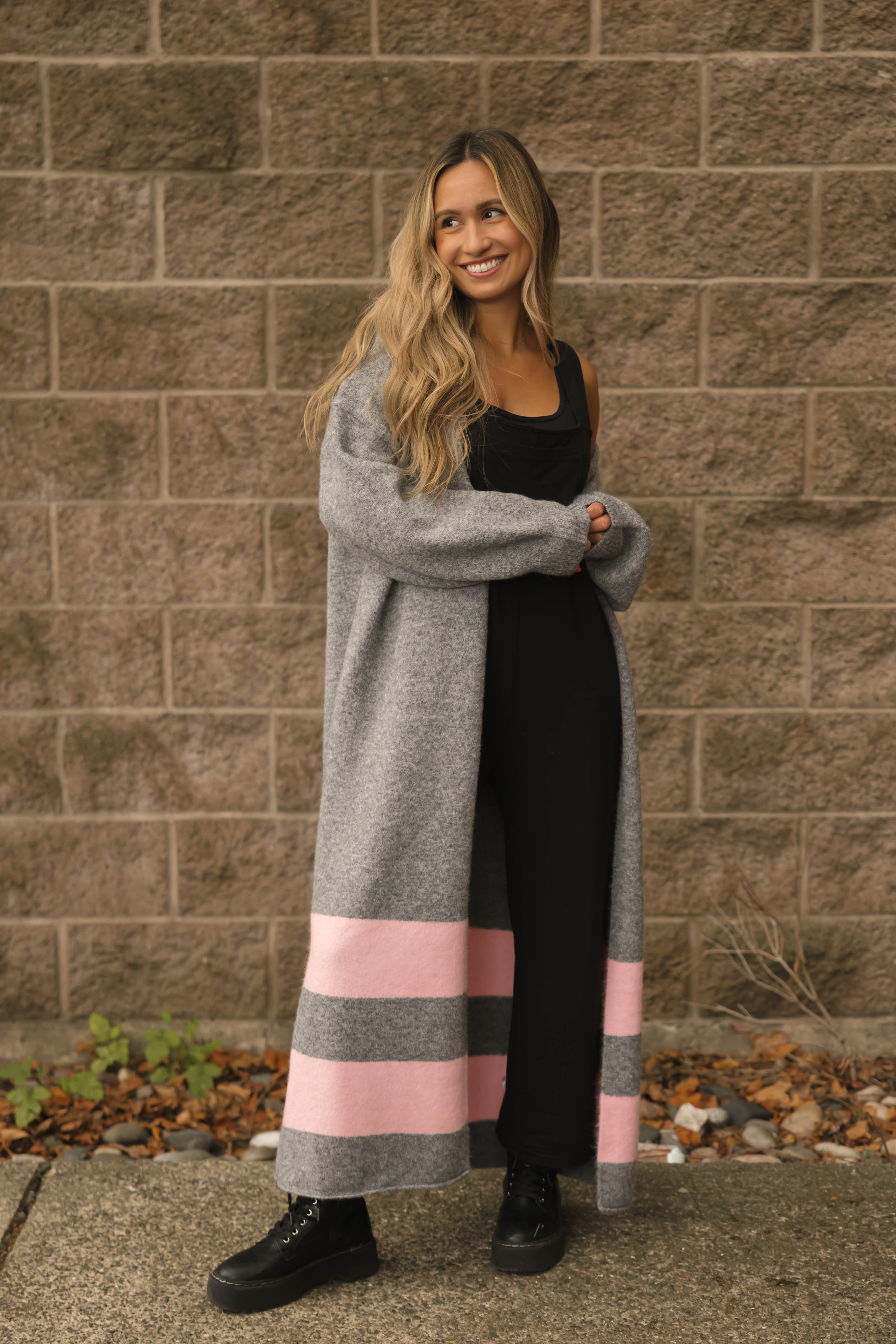 Mabel Striped Long Cardigan in Heather Grey/Pink
