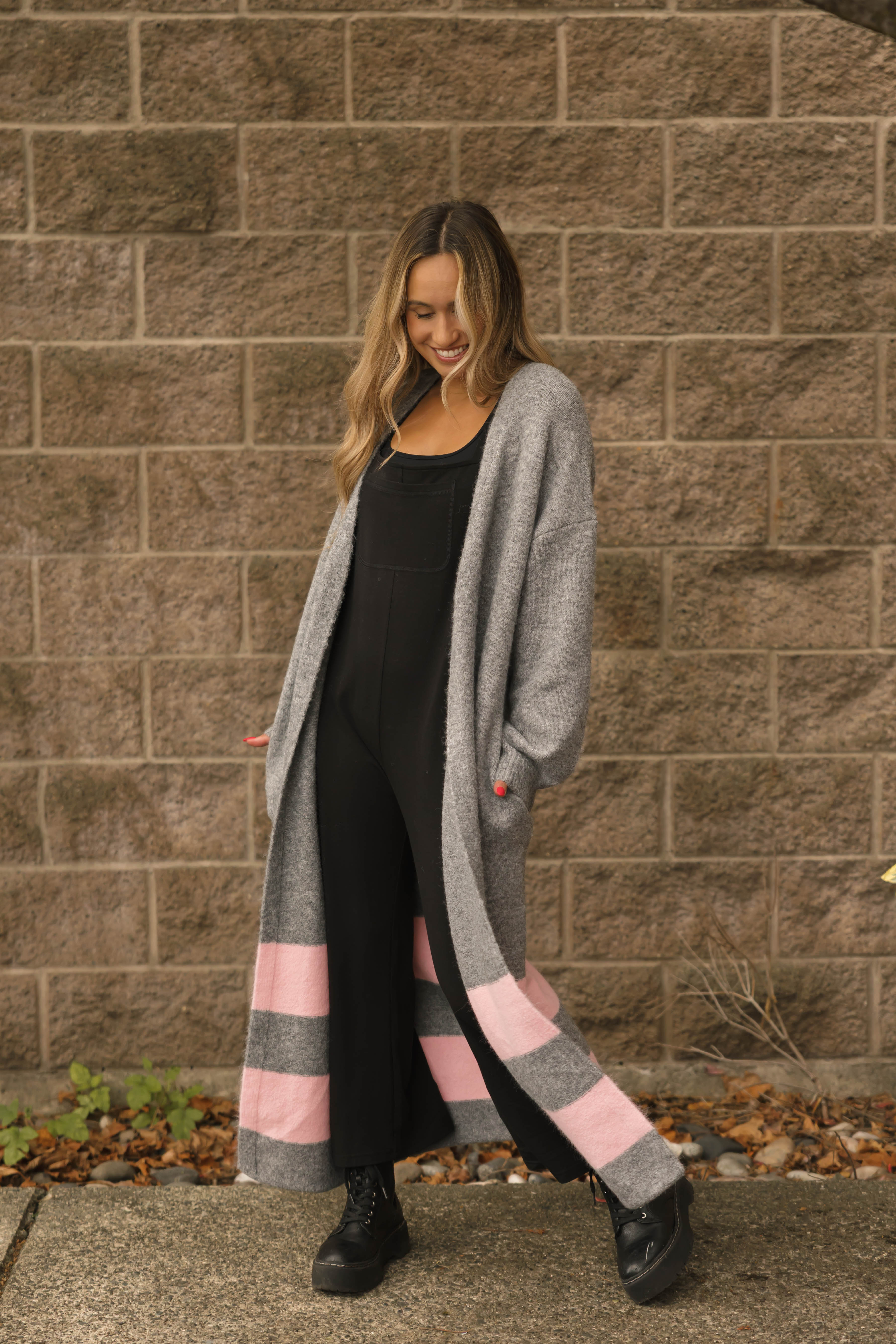 Mabel Striped Long Cardigan in Heather Grey/Pink