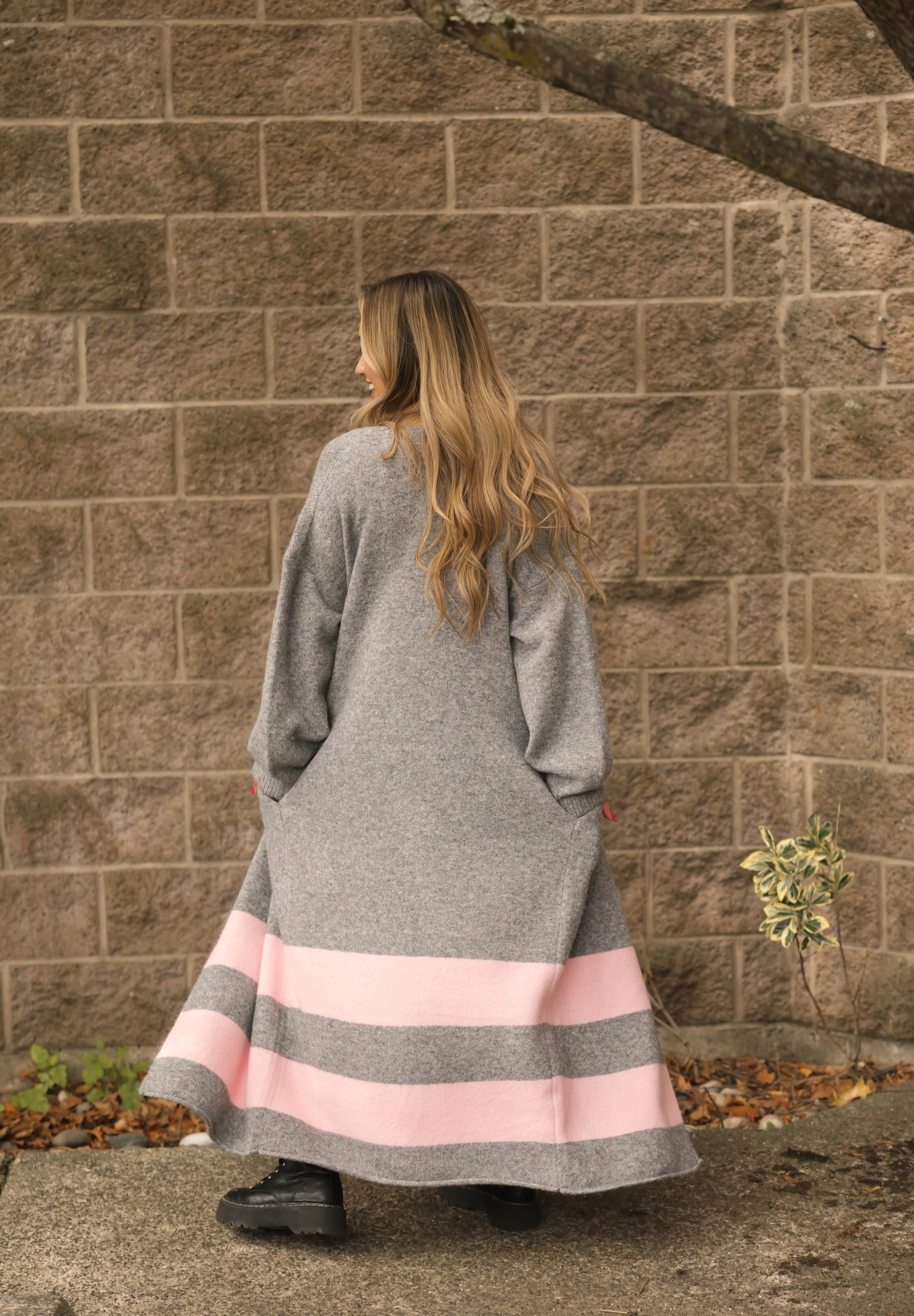 Mabel Striped Long Cardigan in Heather Grey/Pink