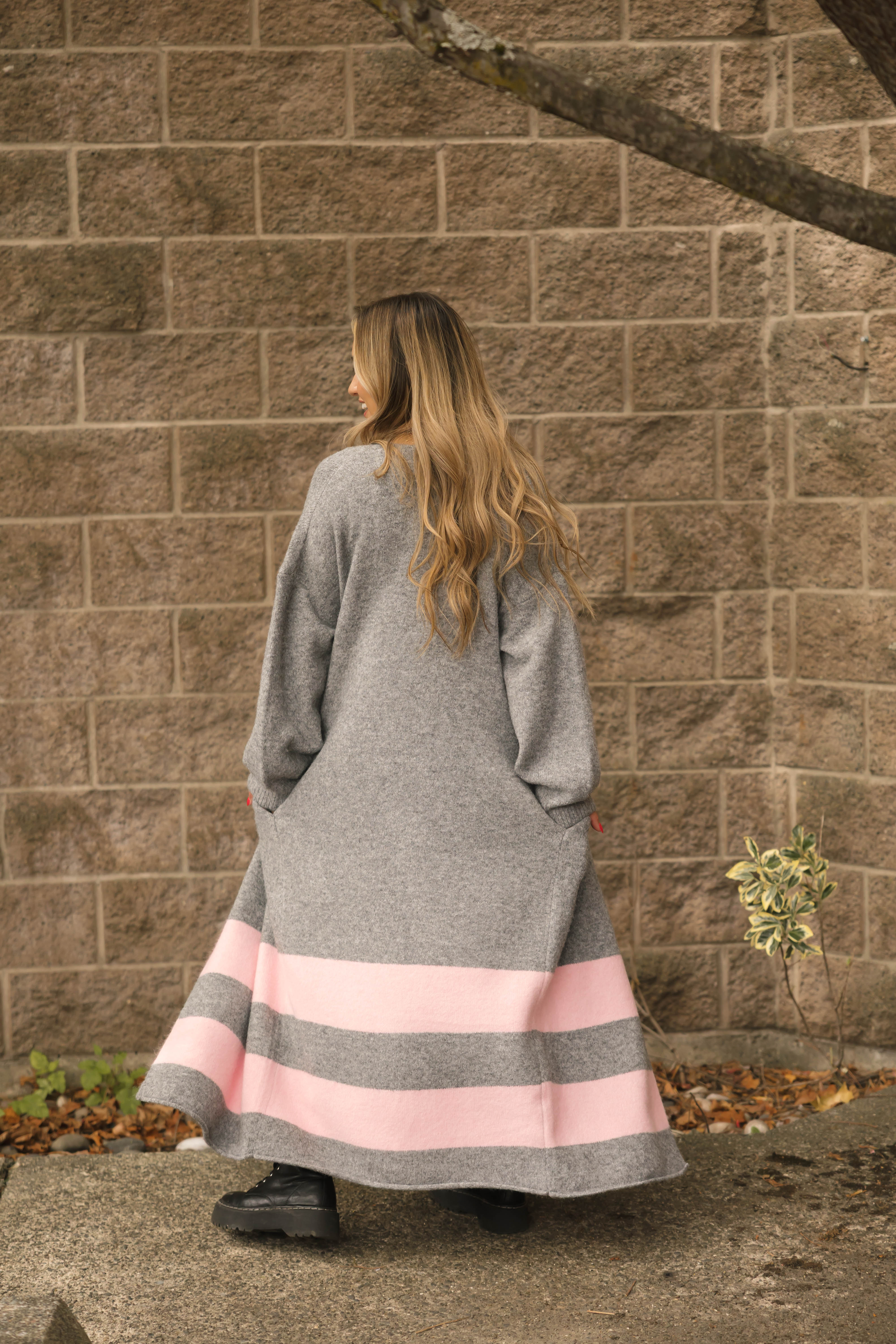Mabel Striped Long Cardigan in Heather Grey/Pink