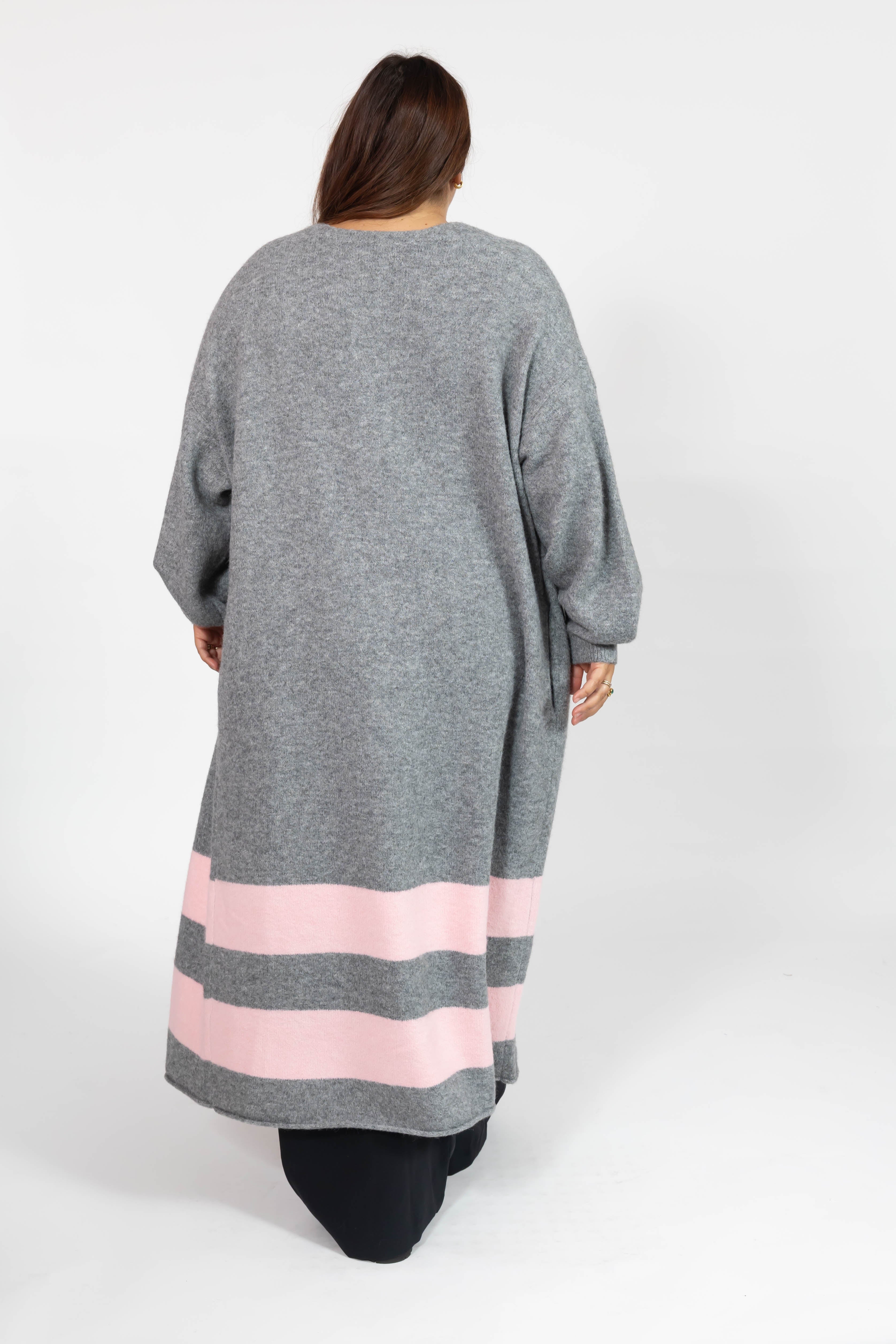 Mabel Striped Long Cardigan in Heather Grey/Pink