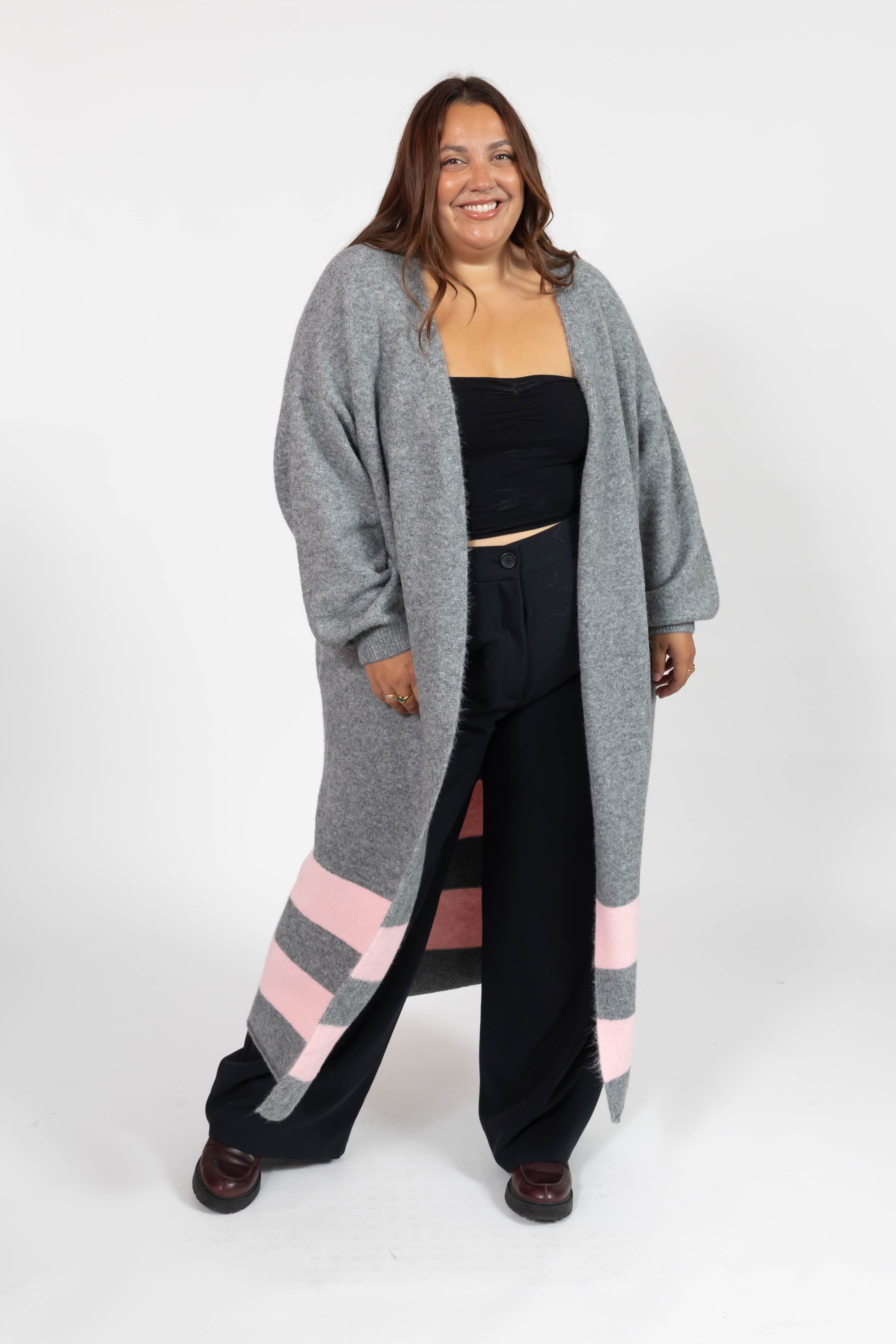 Mabel Striped Long Cardigan in Heather Grey/Pink