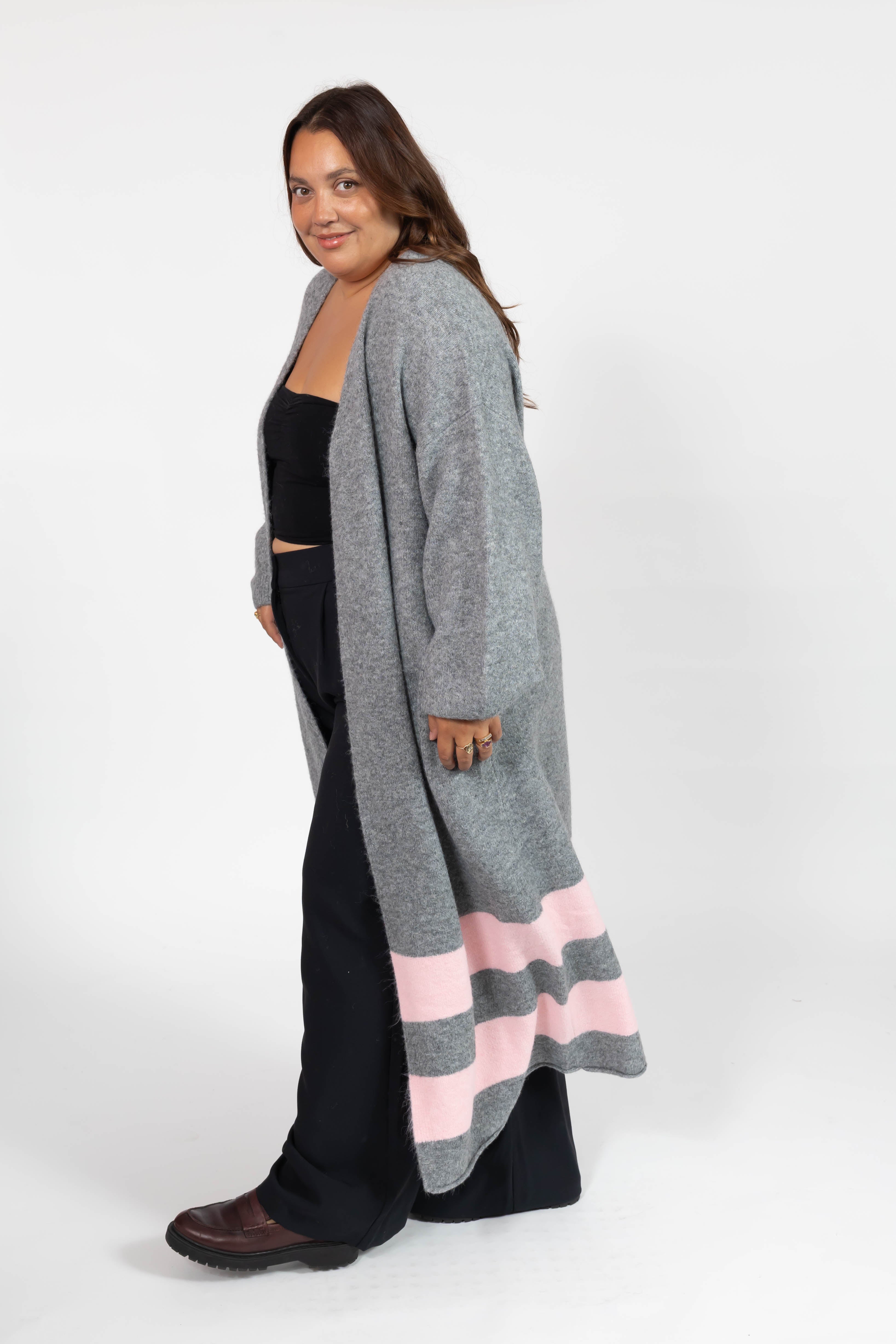Mabel Striped Long Cardigan in Heather Grey/Pink