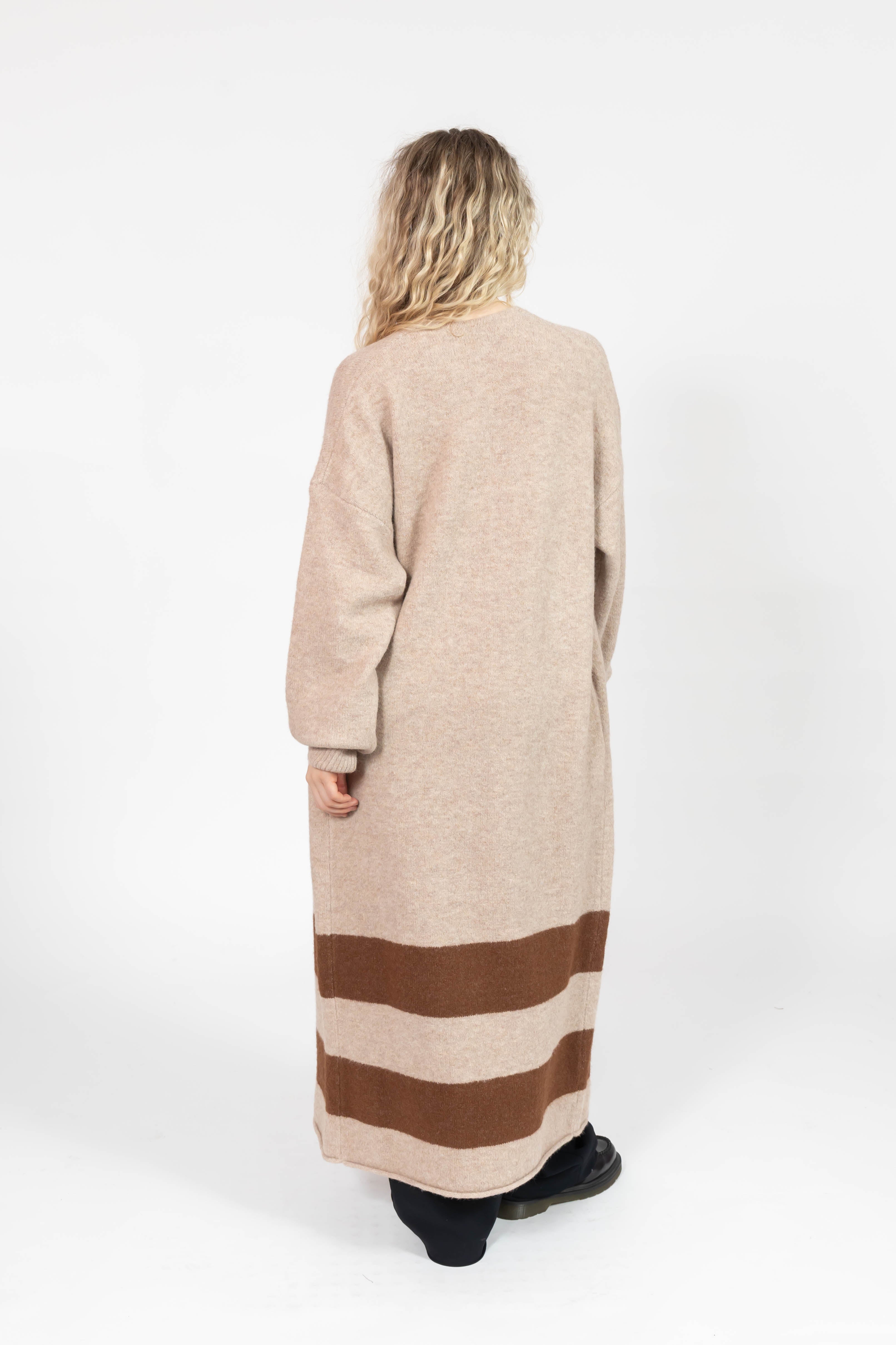 Mabel Striped Long Cardigan in Light Brown/Chestnut